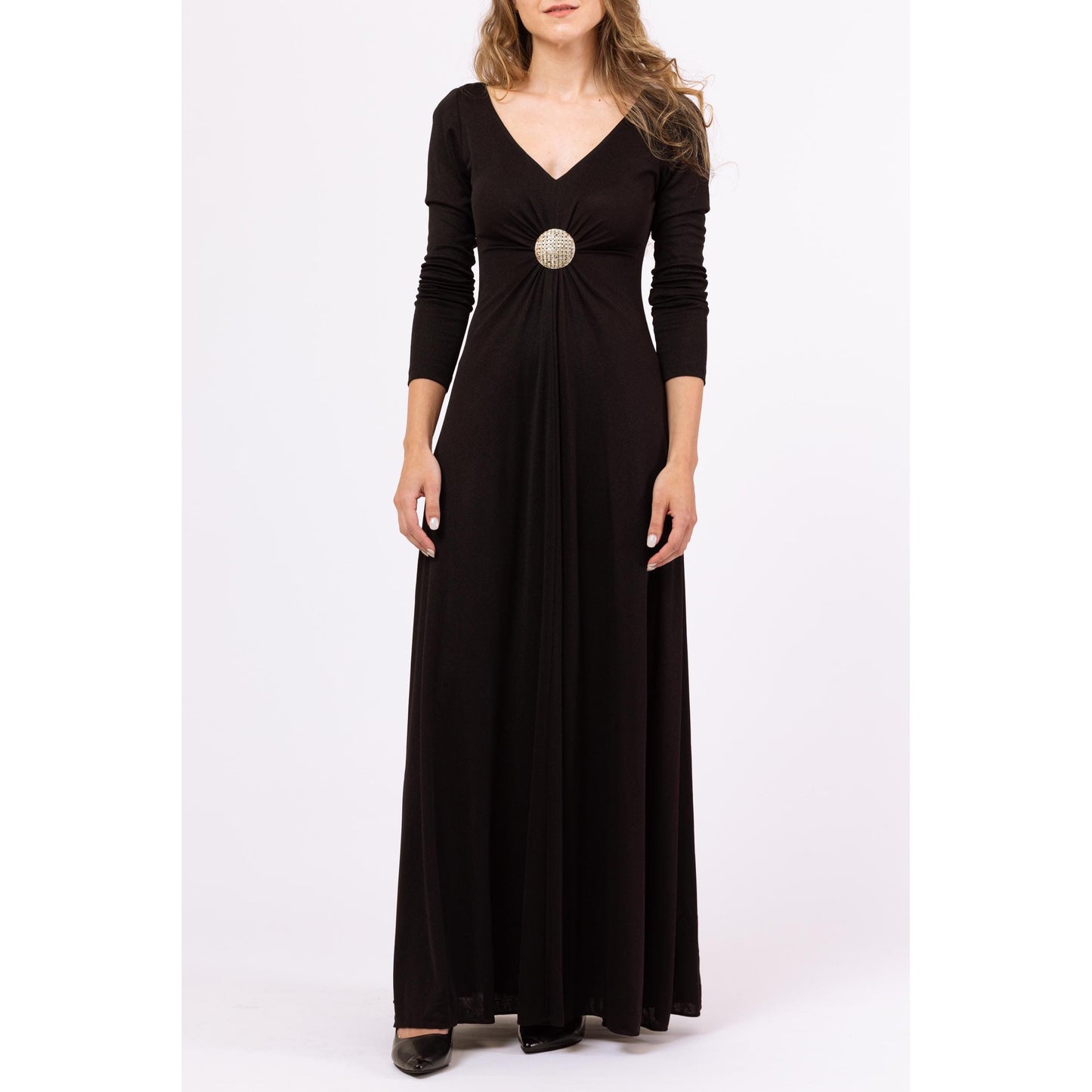 Vintage 70s Black Rhinestone Waist Formal Maxi Dress - XXS | Long Sleeve Jeweled A Line V Neck Disco Hostess Evening Gown
