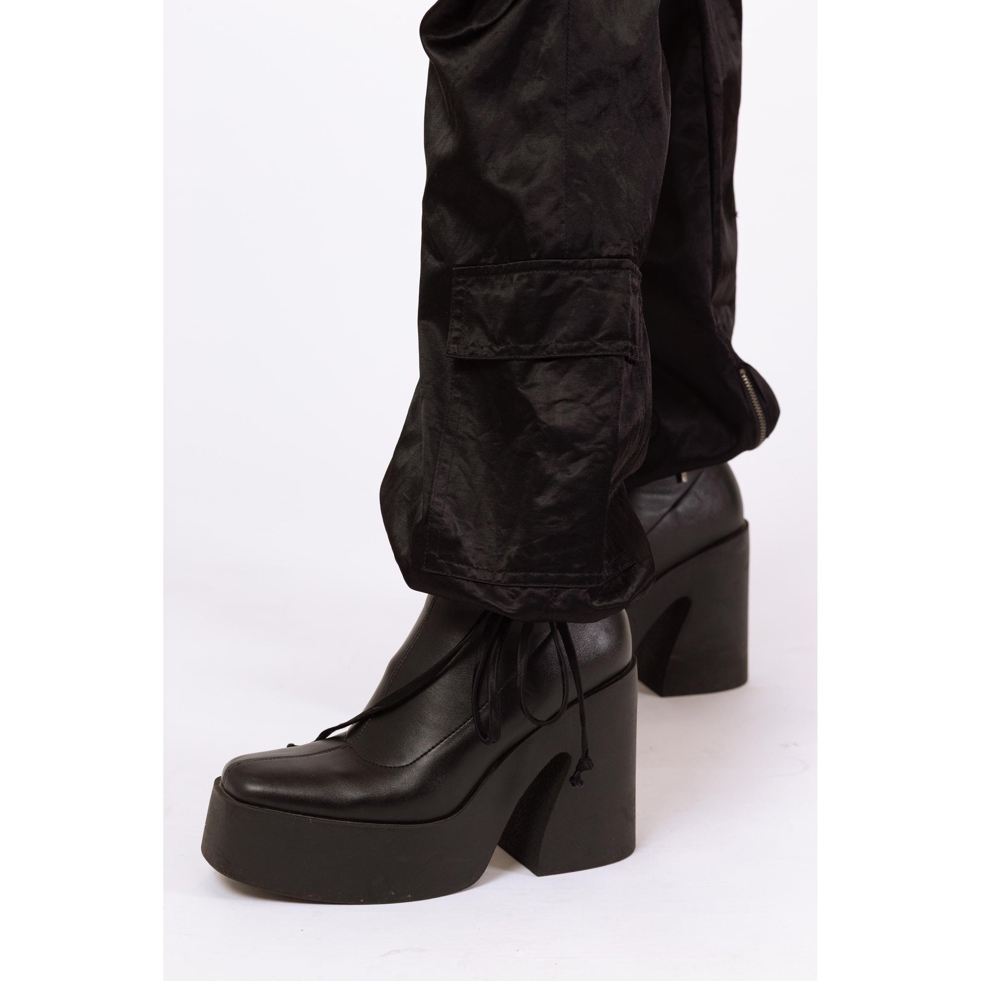 Vintage Y2K Gothic Black Satin Low Rise Cargo Pocket Pants - Medium, Size 10 | Cyber Goth Pants, 2000s Alt Girl Aesthetic