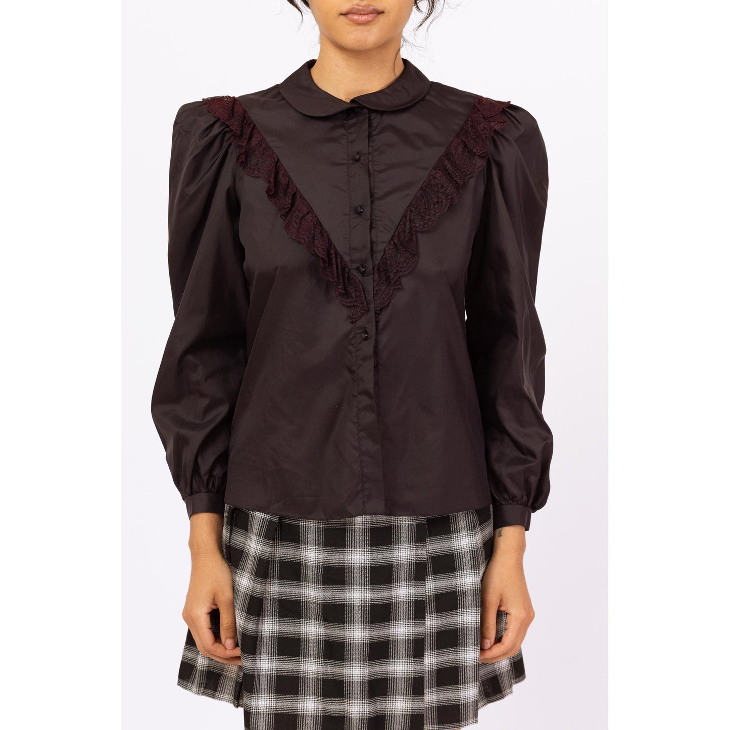 Vintage 80s Gothic Victorian Black Lace Trim Blouse - Medium | Goth Puff Sleeve Shirt, Dark Academia Collared Top