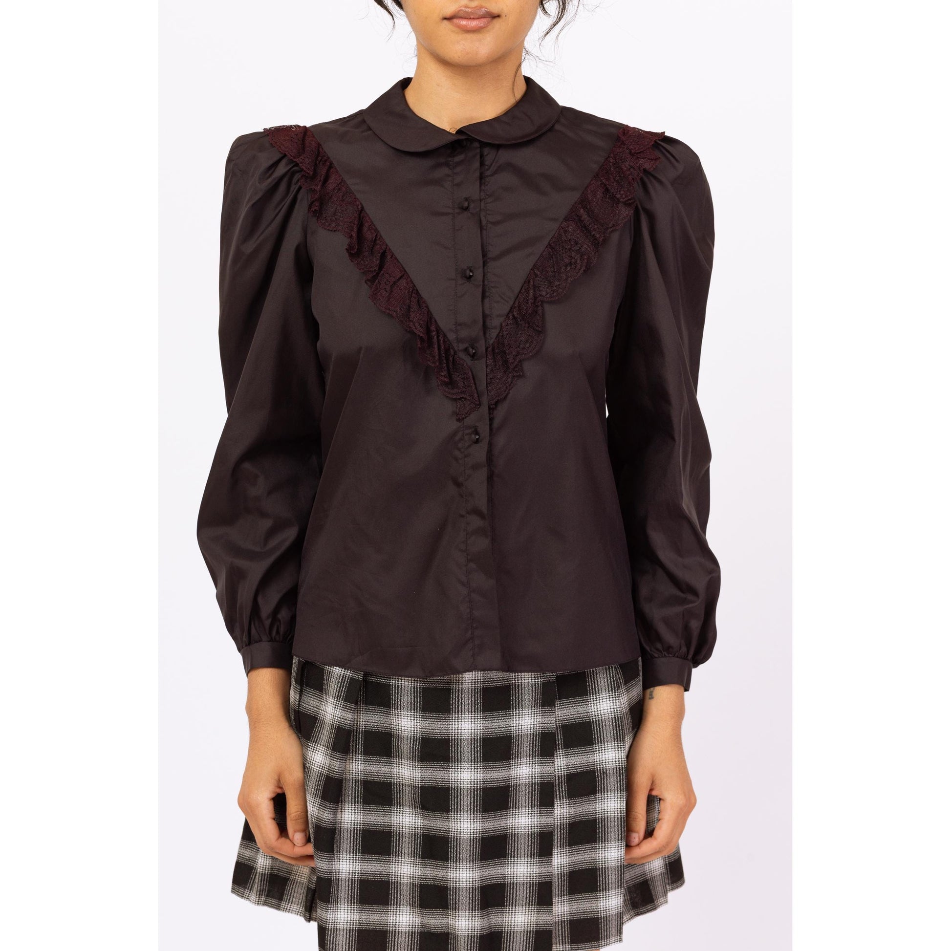 Vintage 80s Gothic Victorian Black Lace Trim Blouse - Medium | Goth Puff Sleeve Shirt, Dark Academia Collared Top