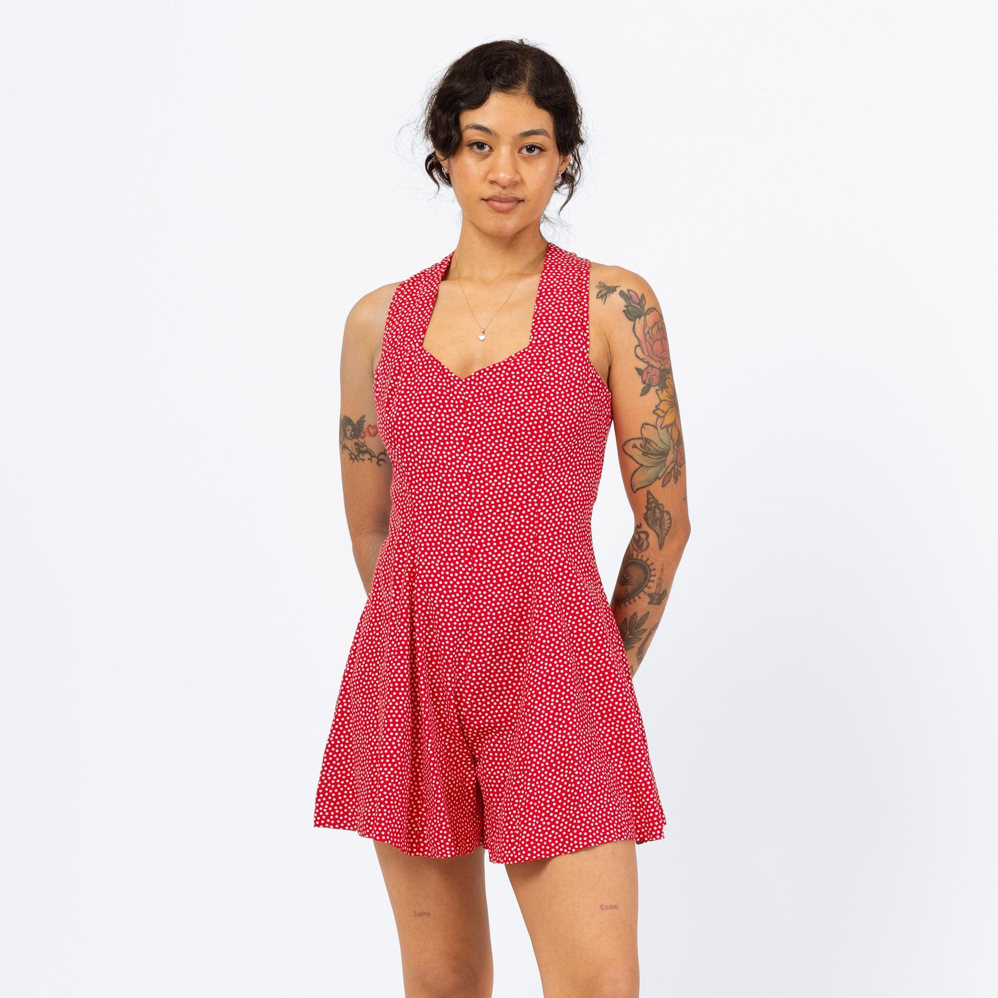 Vintage 90s Red & White Polka Dot Romper - Small | Sleeveless Summer Outfit, Retro Mini Playsuit