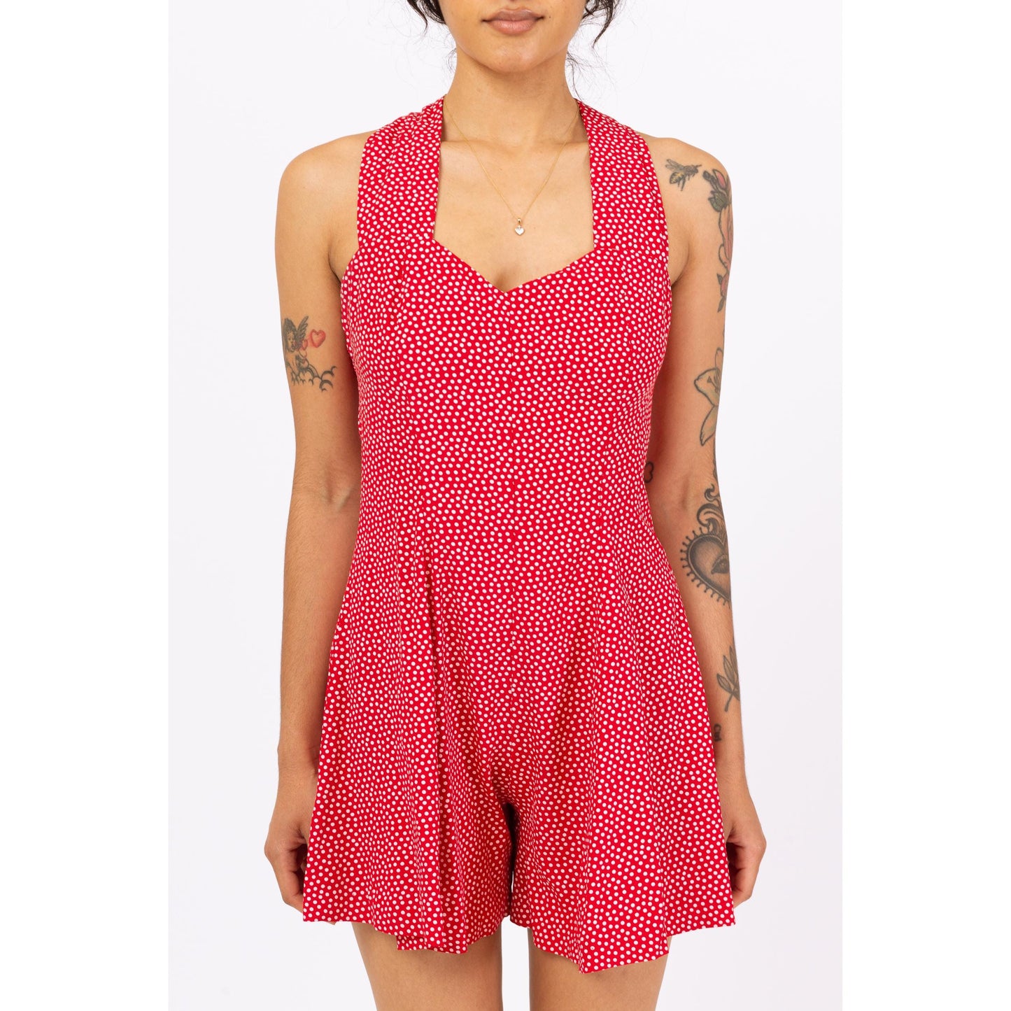 Vintage 90s Red & White Polka Dot Romper - Small | Sleeveless Summer Outfit, Retro Mini Playsuit