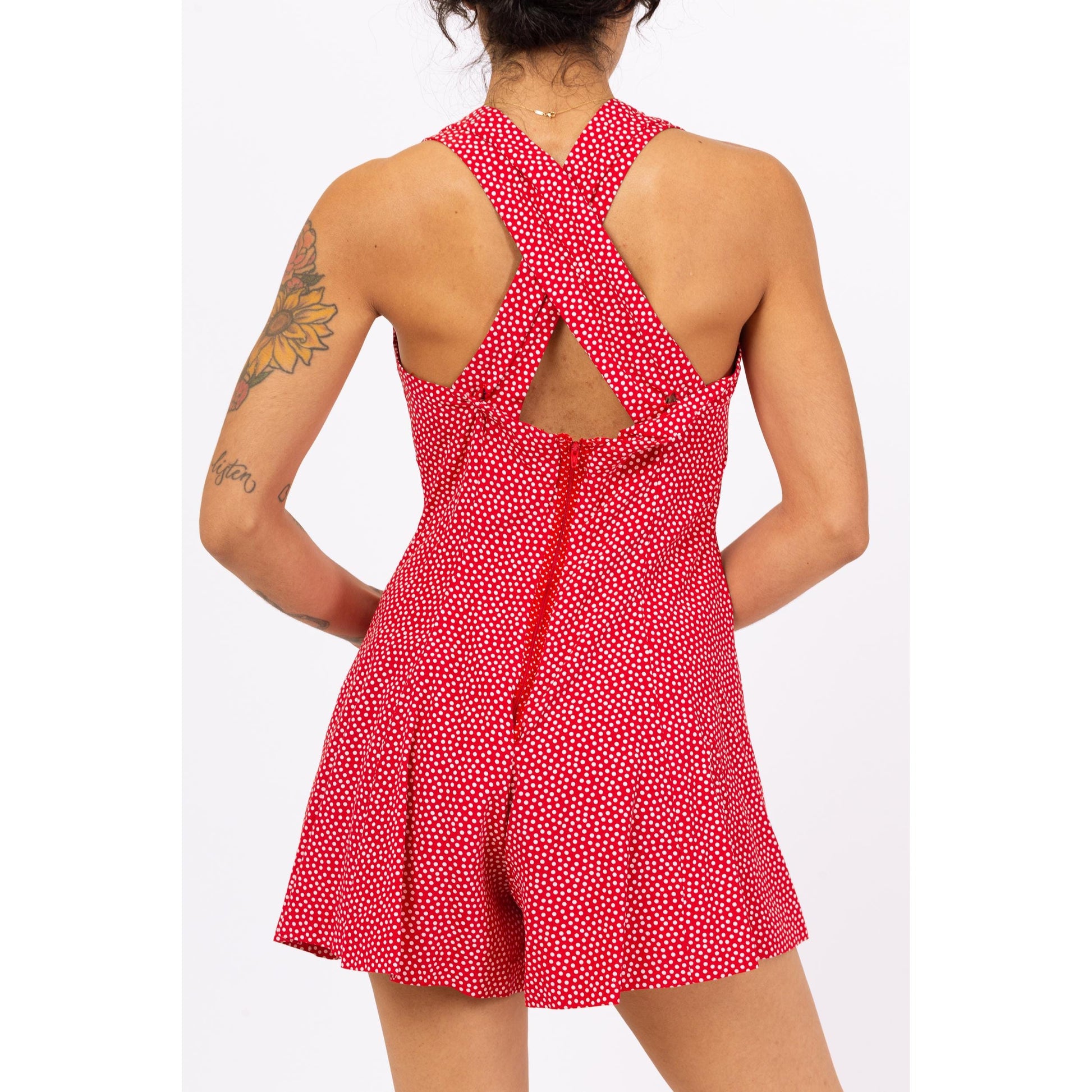 Vintage 90s Red & White Polka Dot Romper - Small | Sleeveless Summer Outfit, Retro Mini Playsuit