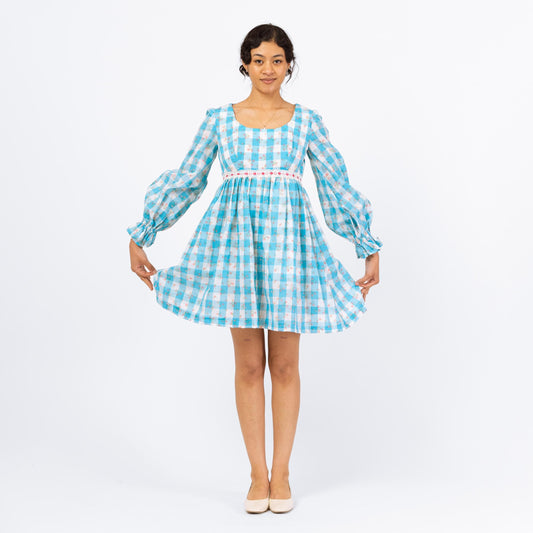 Vintage 70s Blue & White Gingham Babydoll Mini Dress - Small | Coquette Aesthetic Long Sleeve Prairie Dress, Retro Girly Dress