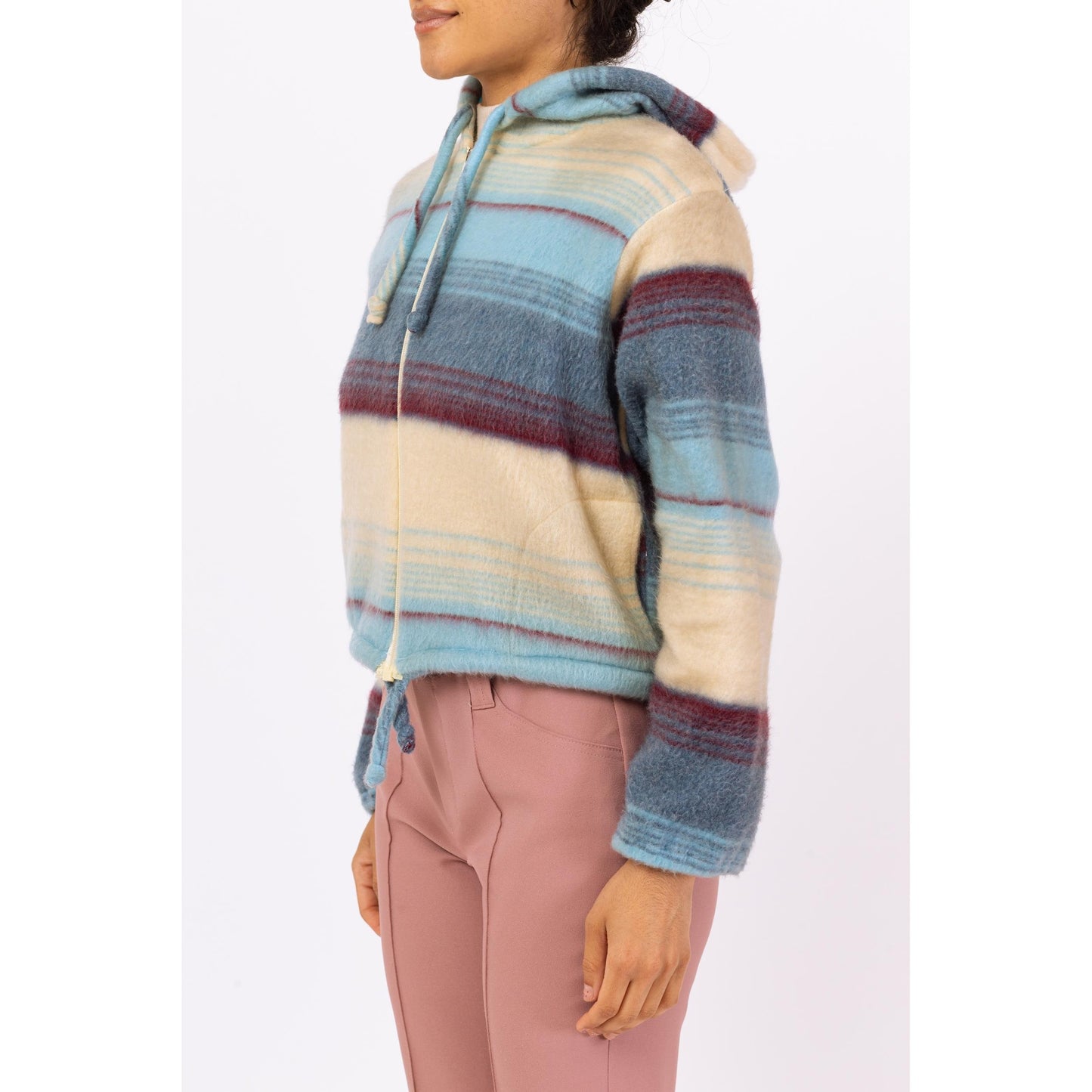 Vintage 70s Boho Fleece Striped Hoodie - Medium | Soft Girl Aesthetic, Blue & Cream Zip Up Hooded Sweatshirt