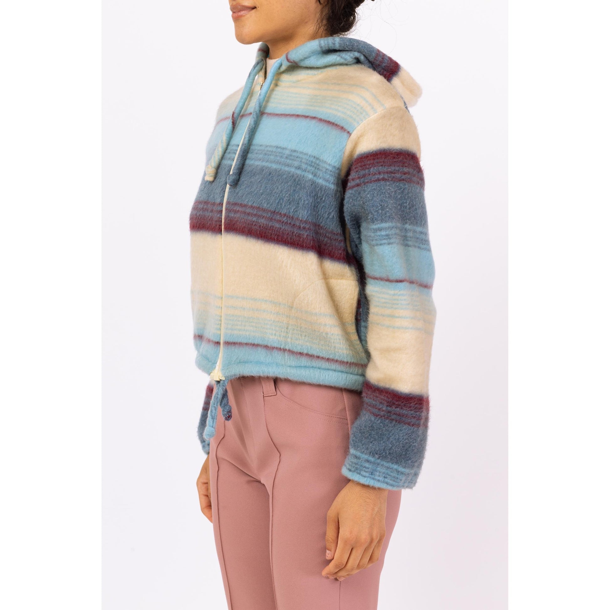 Vintage 70s Boho Fleece Striped Hoodie - Medium | Soft Girl Aesthetic, Blue & Cream Zip Up Hooded Sweatshirt