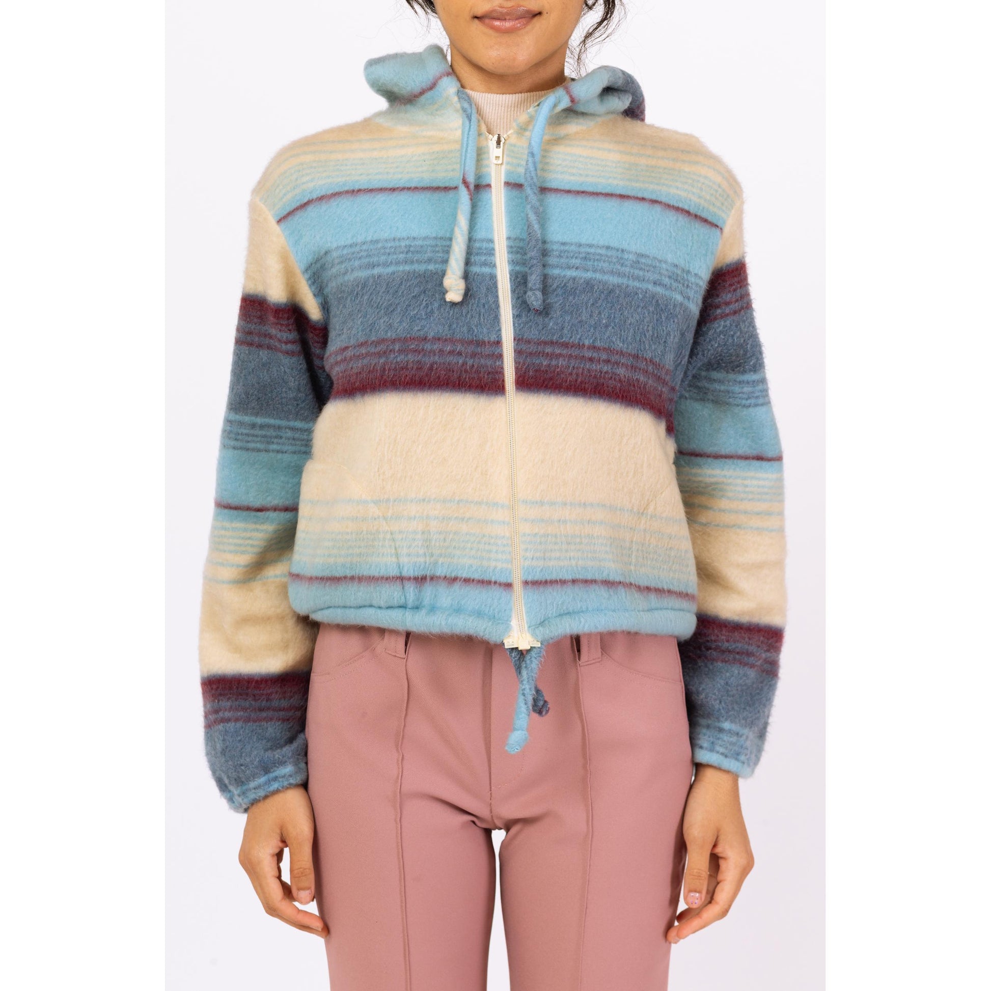 Vintage 70s Boho Fleece Striped Hoodie - Medium | Soft Girl Aesthetic, Blue & Cream Zip Up Hooded Sweatshirt