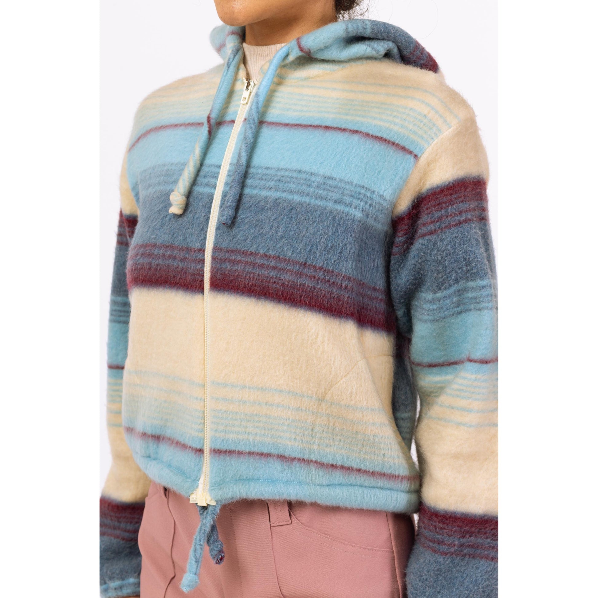 Vintage 70s Boho Fleece Striped Hoodie - Medium | Soft Girl Aesthetic, Blue & Cream Zip Up Hooded Sweatshirt