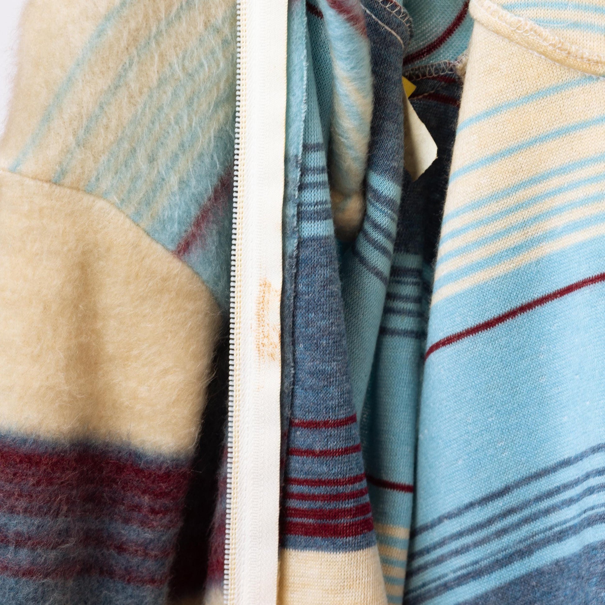 Vintage 70s Boho Fleece Striped Hoodie - Medium | Soft Girl Aesthetic, Blue & Cream Zip Up Hooded Sweatshirt