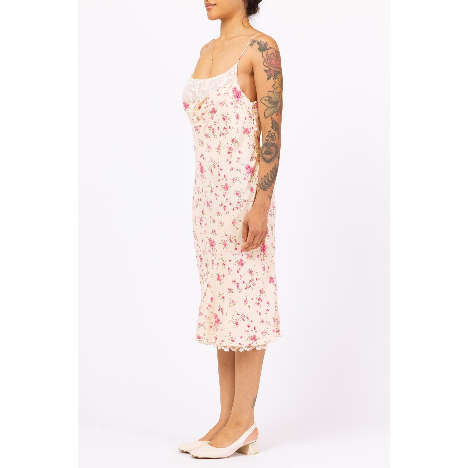 Vintage 90s Hugo Buscati Floral Lace Bust Midi Slip Dress - Large | Yellow & Pink Print Bias Cut Sundress, Wedding Guest Dress