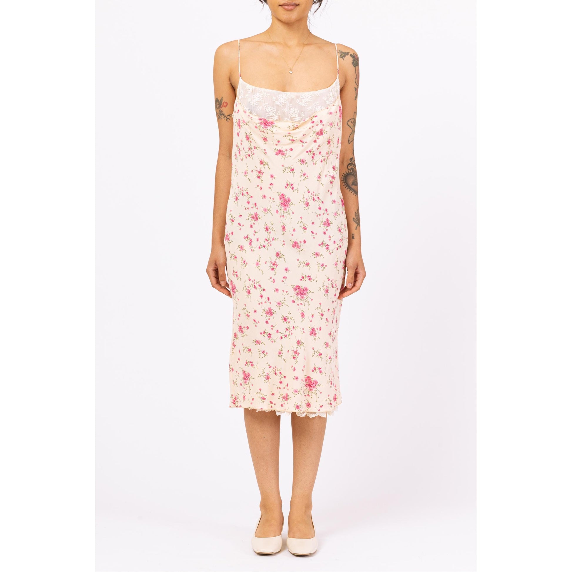 Vintage 90s Hugo Buscati Floral Lace Bust Midi Slip Dress - Large | Yellow & Pink Print Bias Cut Sundress, Wedding Guest Dress
