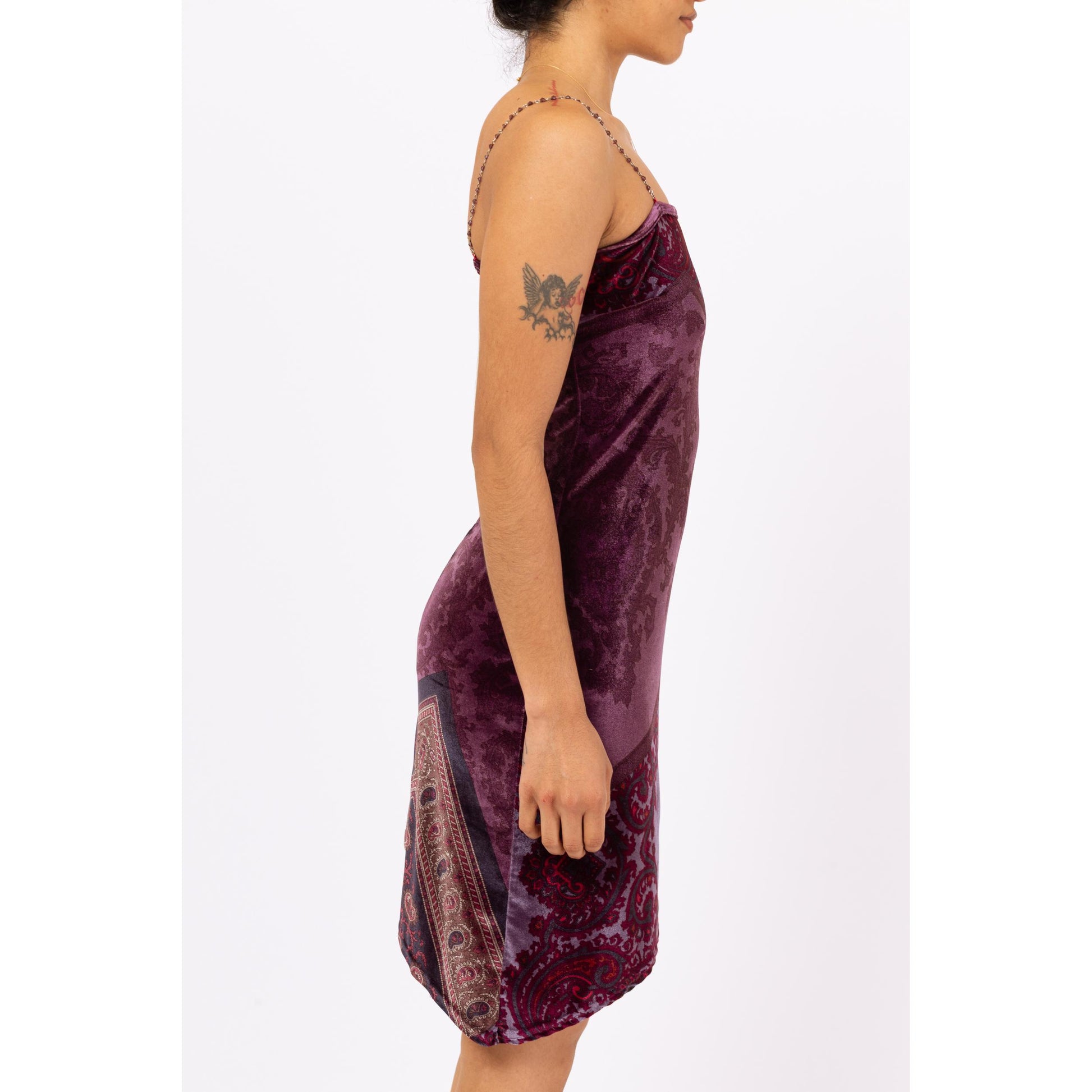 Vintage 90s Y2K Purple Velvet Chain Strap Party Dress - Small | Paisley Print Bodycon Mini Dress, Asymmetrical Hem 2000s Club Dress