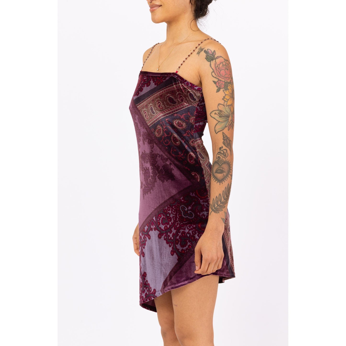 Vintage 90s Y2K Purple Velvet Chain Strap Party Dress - Small | Paisley Print Bodycon Mini Dress, Asymmetrical Hem 2000s Club Dress