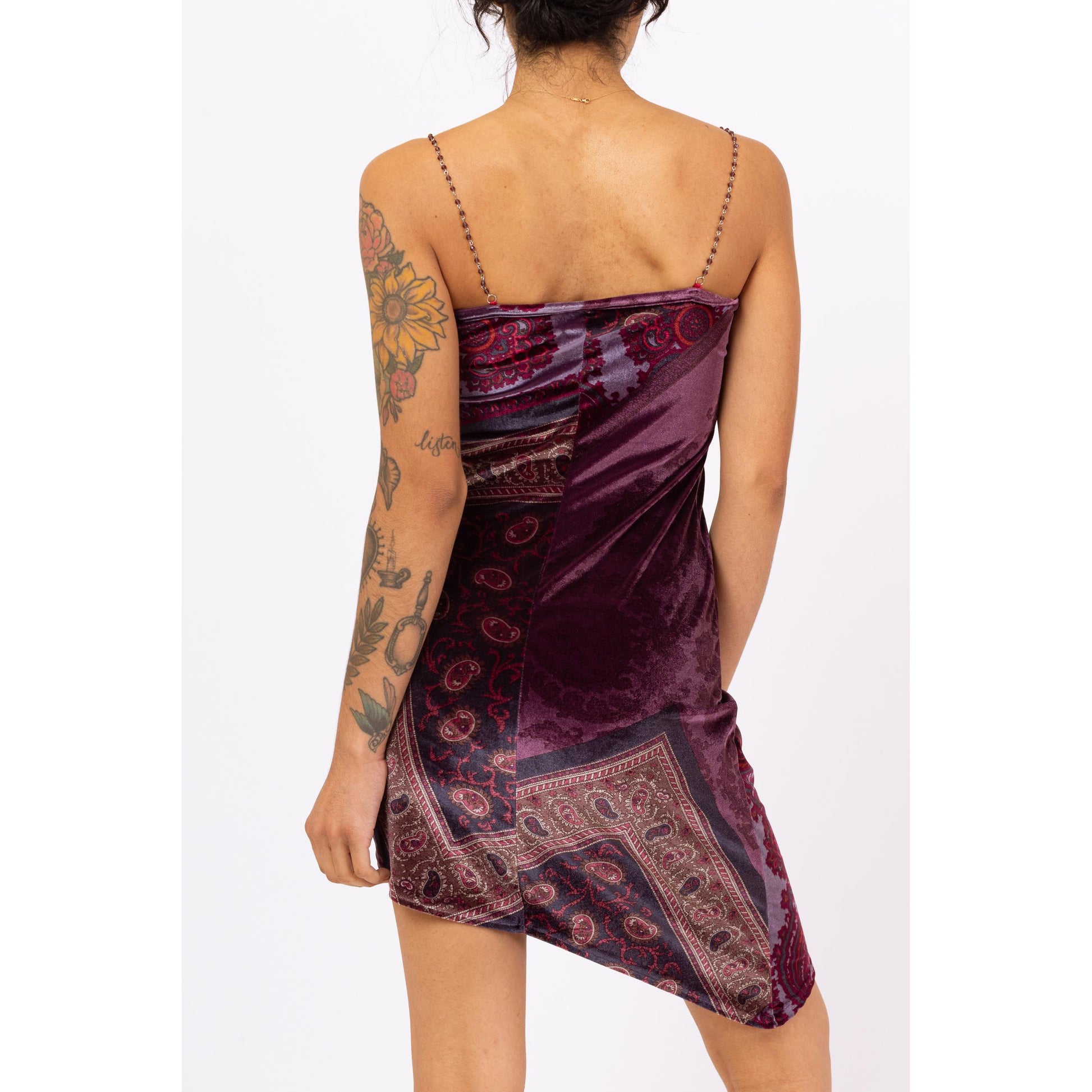 Vintage 90s Y2K Purple Velvet Chain Strap Party Dress - Small | Paisley Print Bodycon Mini Dress, Asymmetrical Hem 2000s Club Dress