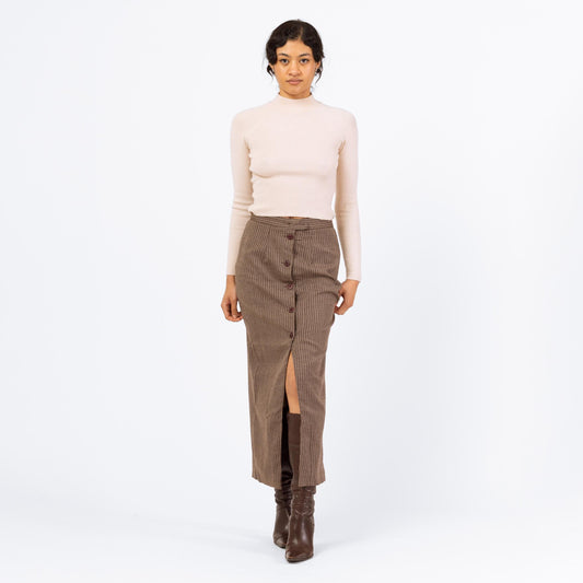 Vintage 70s Brown Pinstriped Maxi Pencil Skirt - Small, 26" Waist | High Waisted Long Straight Skirt, Minimalist Button Front Skirt