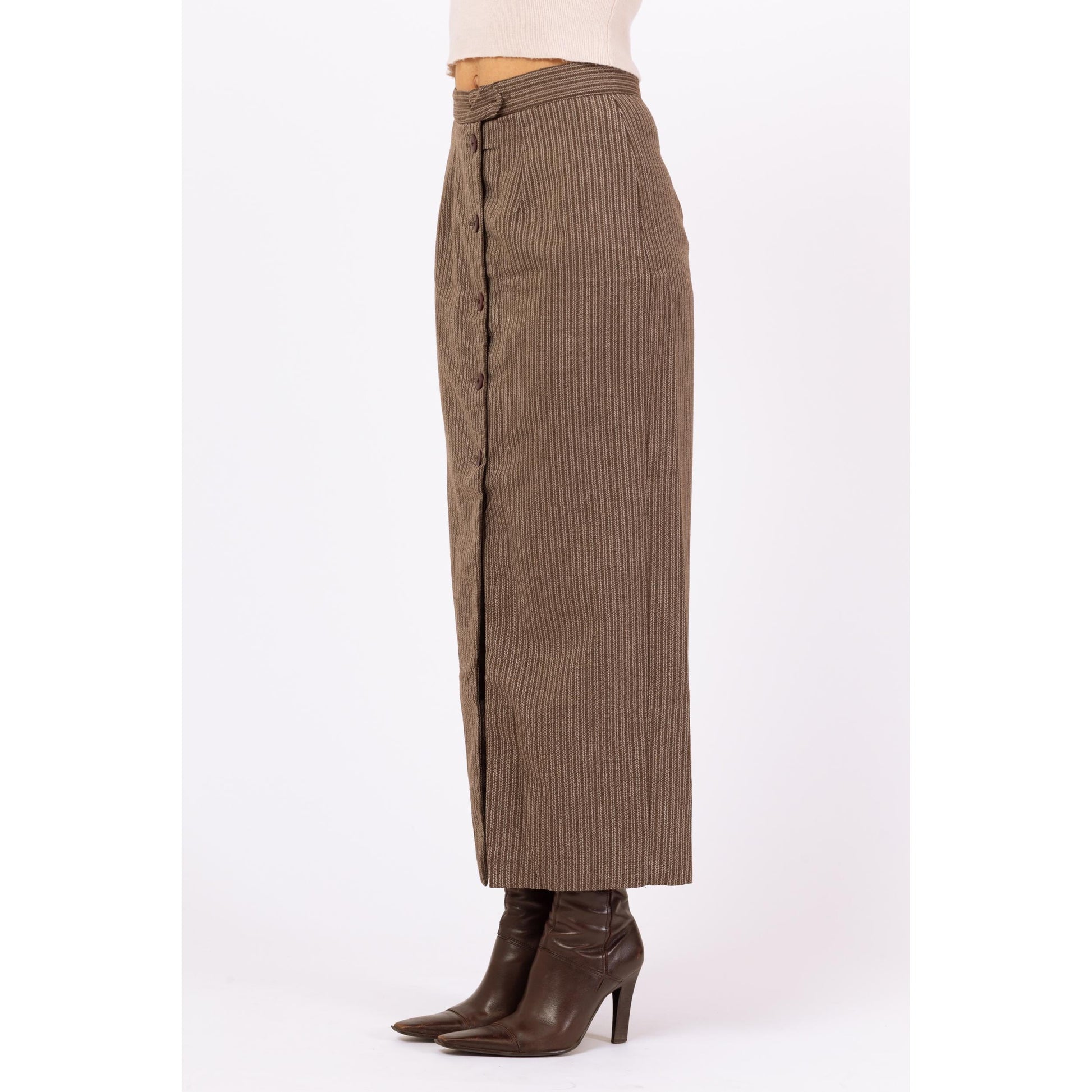 Vintage 70s Brown Pinstriped Maxi Pencil Skirt - Small, 26" Waist | High Waisted Long Straight Skirt, Minimalist Button Front Skirt