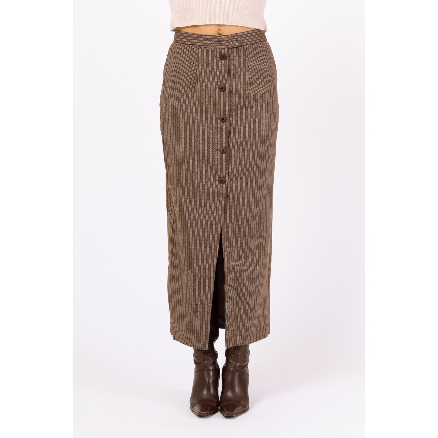 Vintage 70s Brown Pinstriped Maxi Pencil Skirt - Small, 26" Waist | High Waisted Long Straight Skirt, Minimalist Button Front Skirt