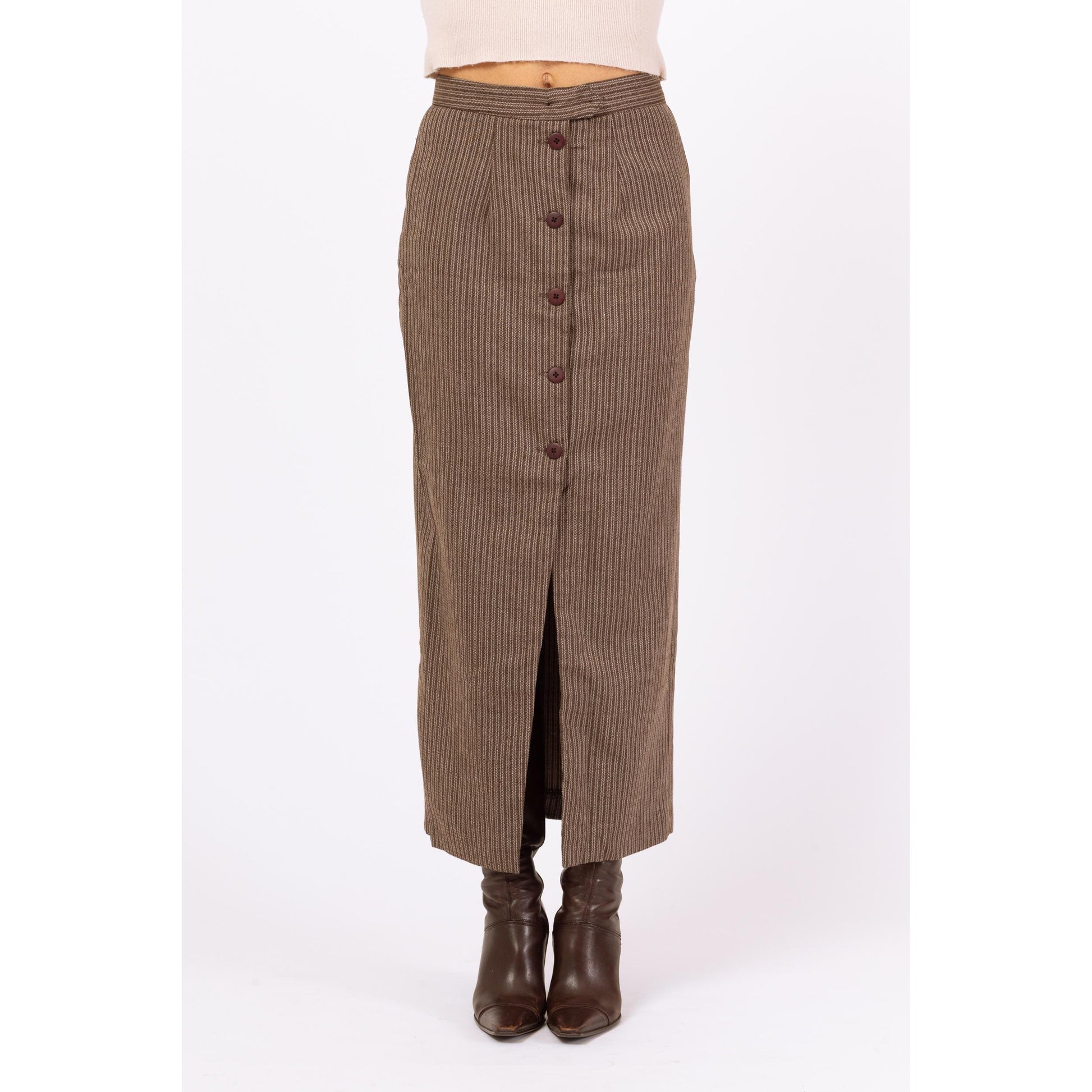 Vintage 70s Brown Pinstriped Maxi Pencil Skirt - Small, 26" Waist | High Waisted Long Straight Skirt, Minimalist Button Front Skirt
