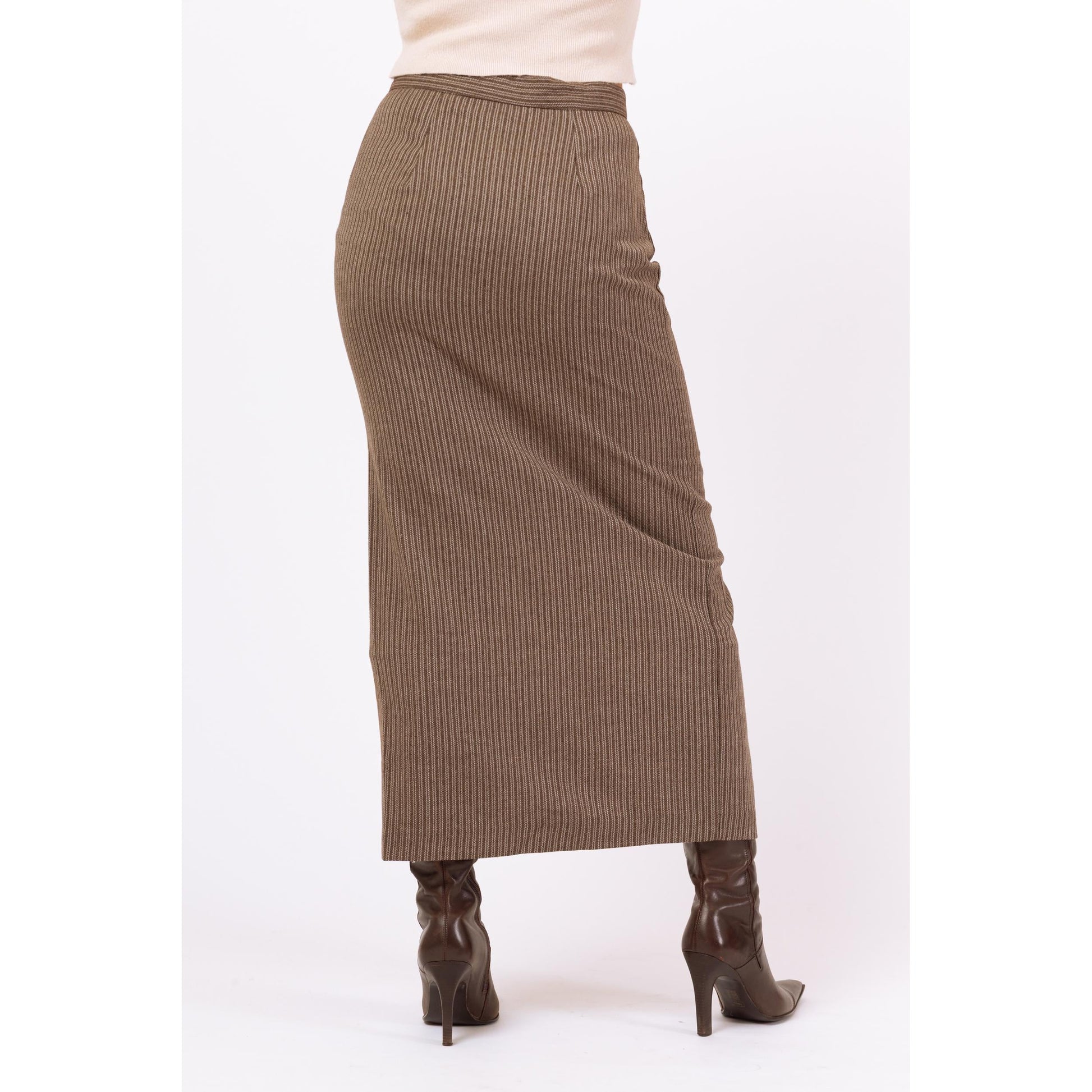 Vintage 70s Brown Pinstriped Maxi Pencil Skirt - Small, 26" Waist | High Waisted Long Straight Skirt, Minimalist Button Front Skirt