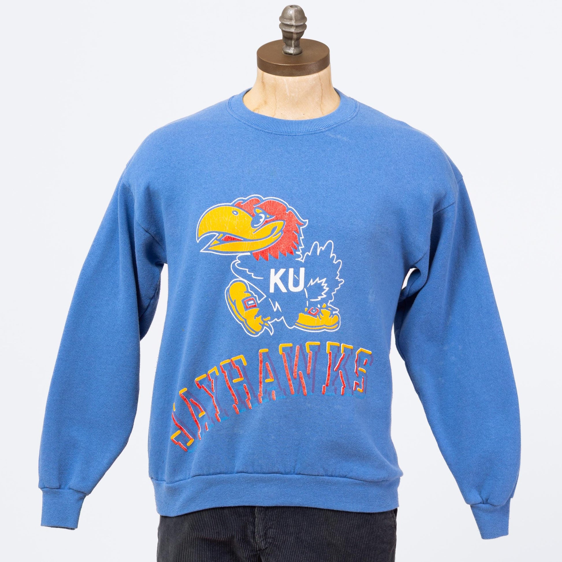 3 Vintage 90s University Of Kansas Jayhawks Sweatshirt - Medium to Large | Blue College Sports Crewneck Pullover Sweater