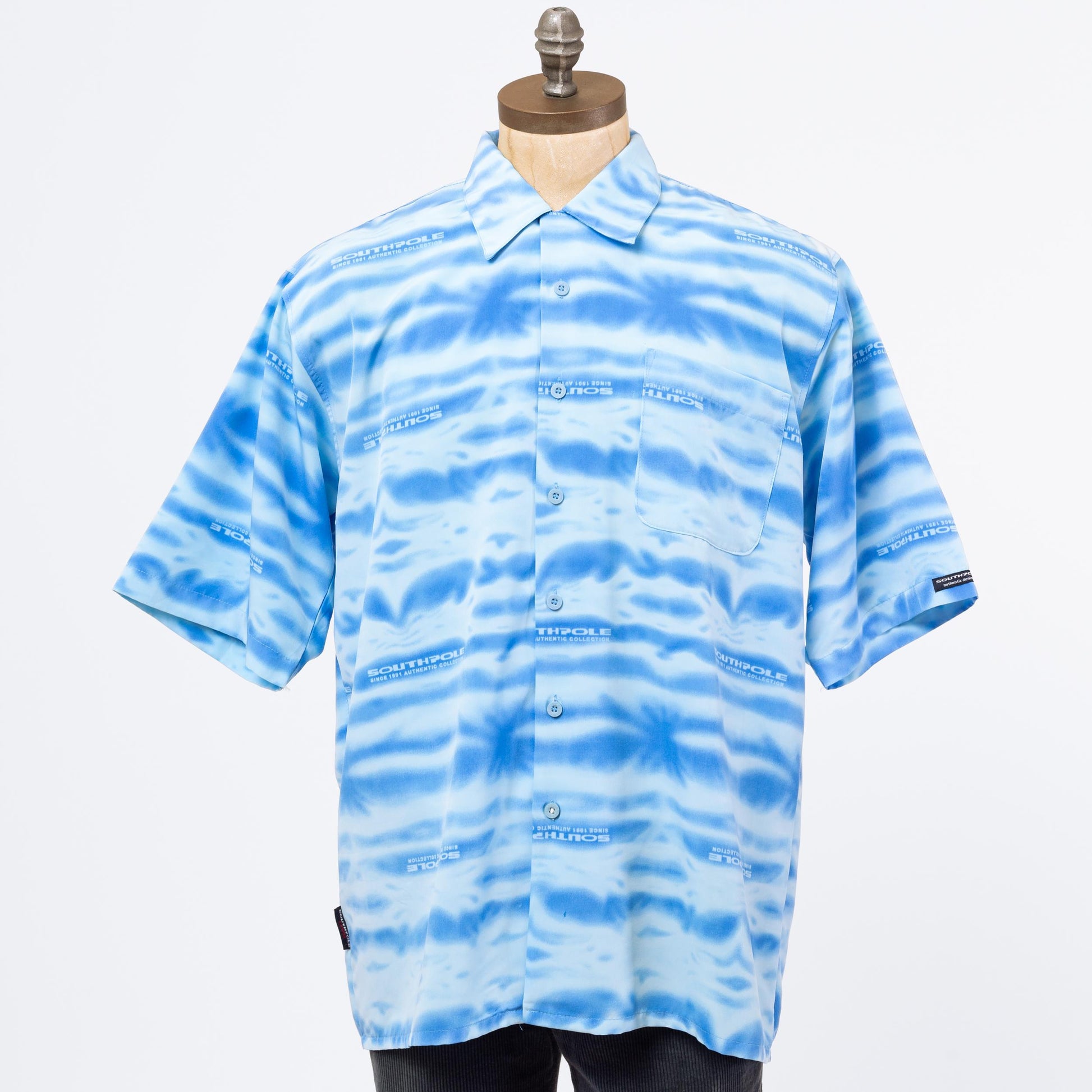 3 Vintage Y2K Southpole Blue Water Print Collared Shirt - Large | Streetwear Oversized All Over Print Short Sleeve Button Up Top