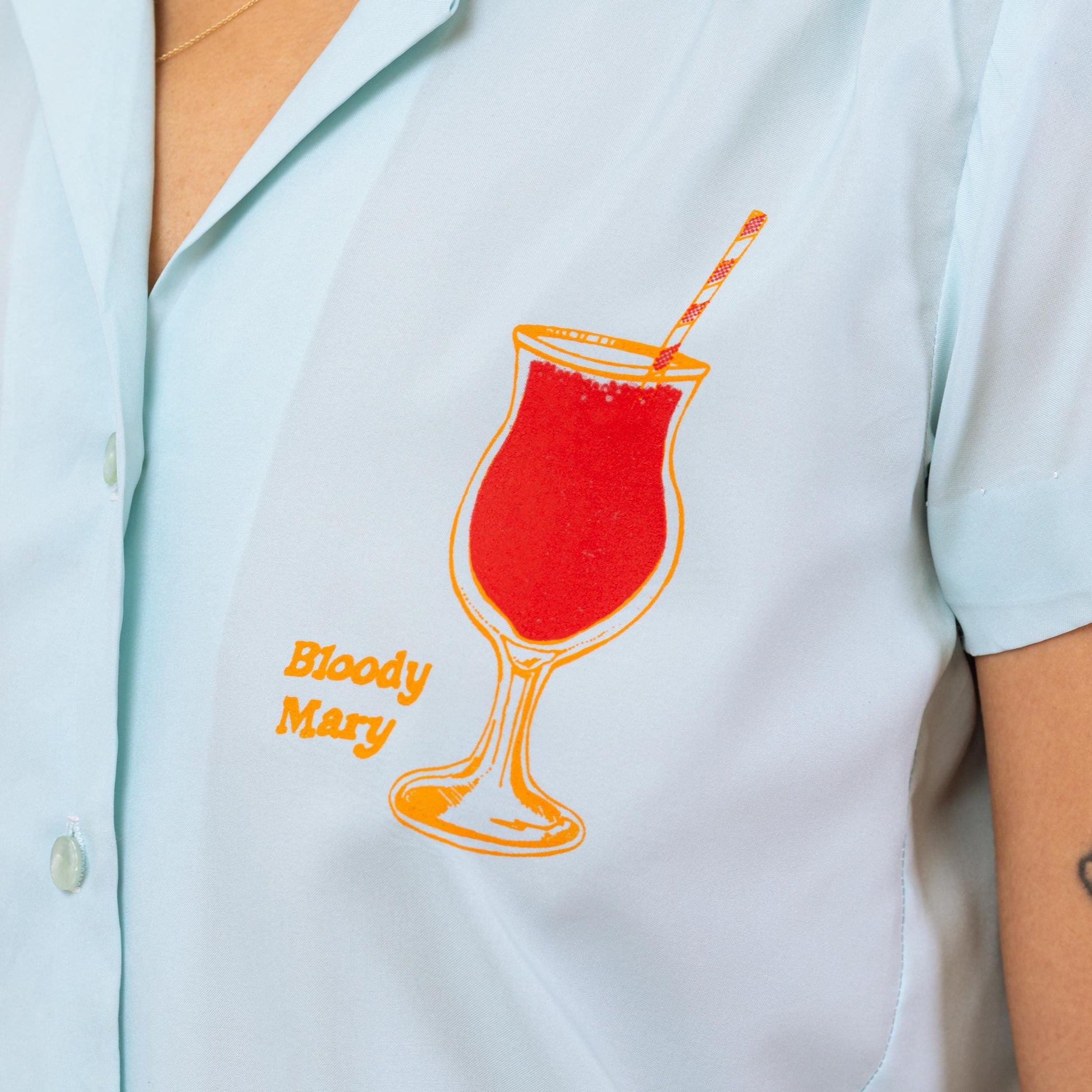Vintage 70s Bloody Mary Cocktail Shirt - Small | Light Blue Novelty Button Up Blouse, Short Sleeve Collared Shirt