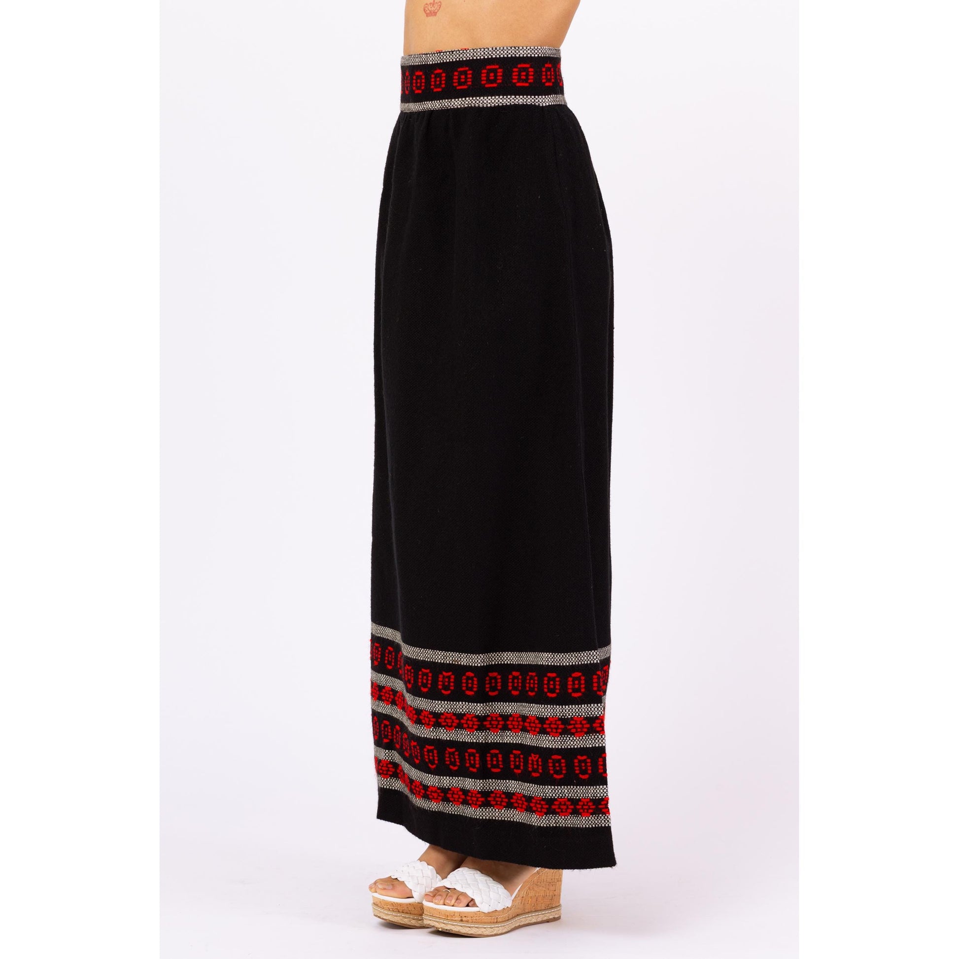 Vintage 70s Woven Black & Red Wool Maxi Skirt - Small, 27" Waist | Geometric Knit Long Skirt, Boho Folk Winter Skirt