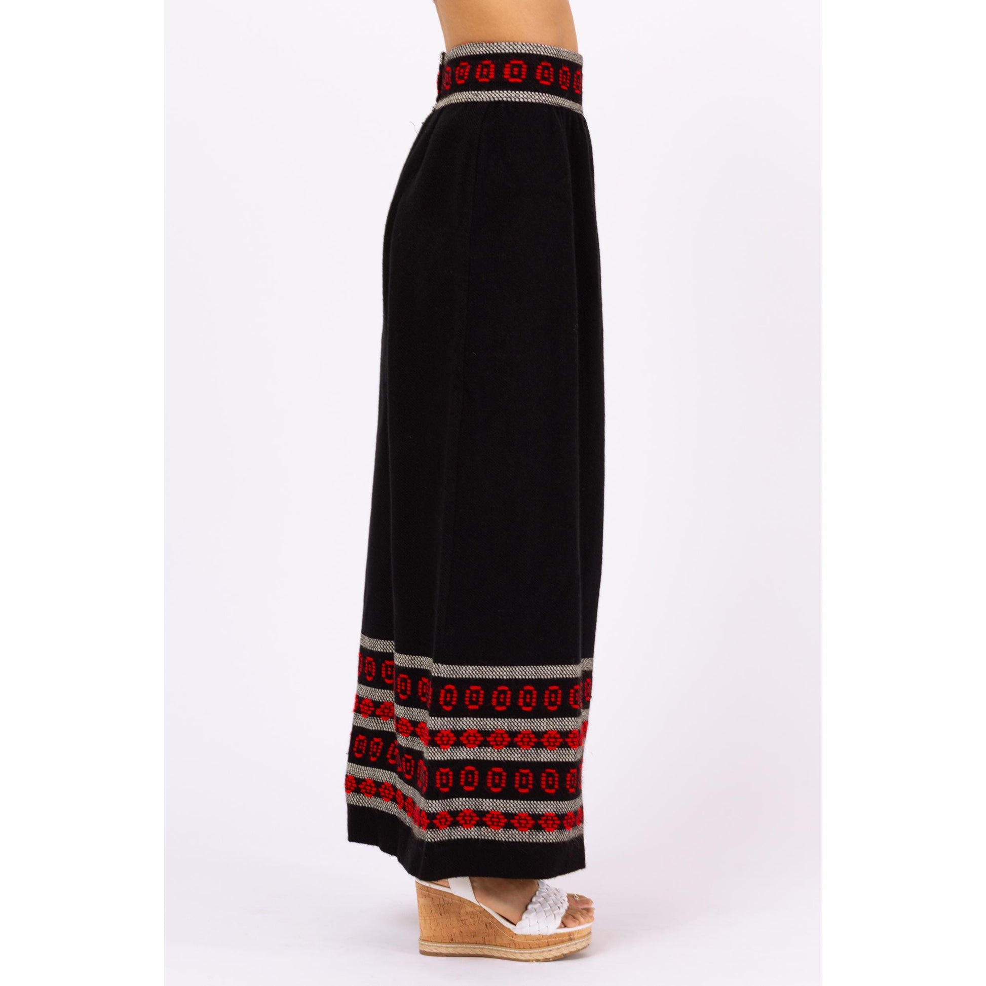 Vintage 70s Woven Black & Red Wool Maxi Skirt - Small, 27" Waist | Geometric Knit Long Skirt, Boho Folk Winter Skirt