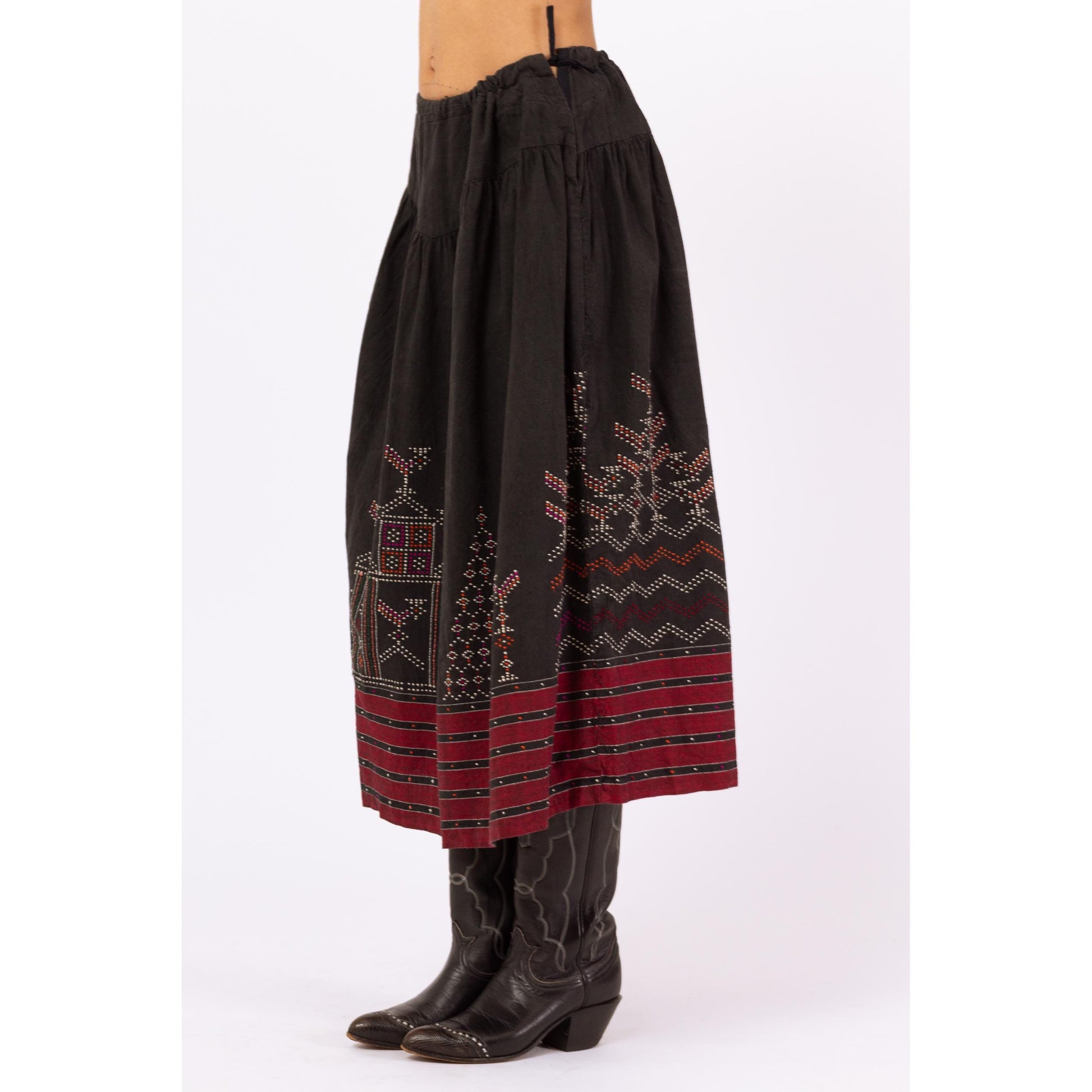 Vintage Black & Red Embroidered Folk Skirt Set - Small | Boho Eastern European Cotton Puff Sleeve Peasant Top Midi Skirt