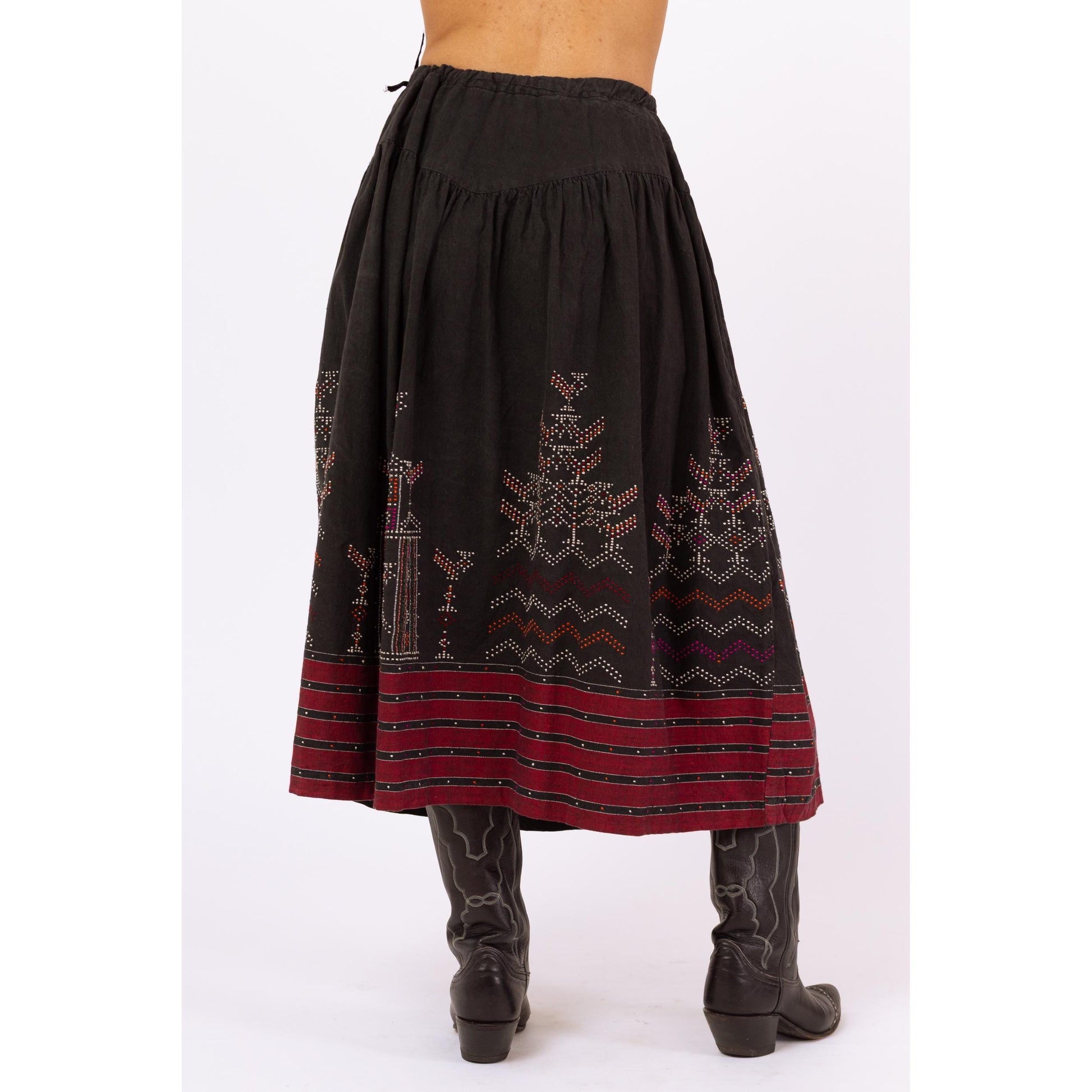 Vintage Black & Red Embroidered Folk Skirt Set - Small | Boho Eastern European Cotton Puff Sleeve Peasant Top Midi Skirt