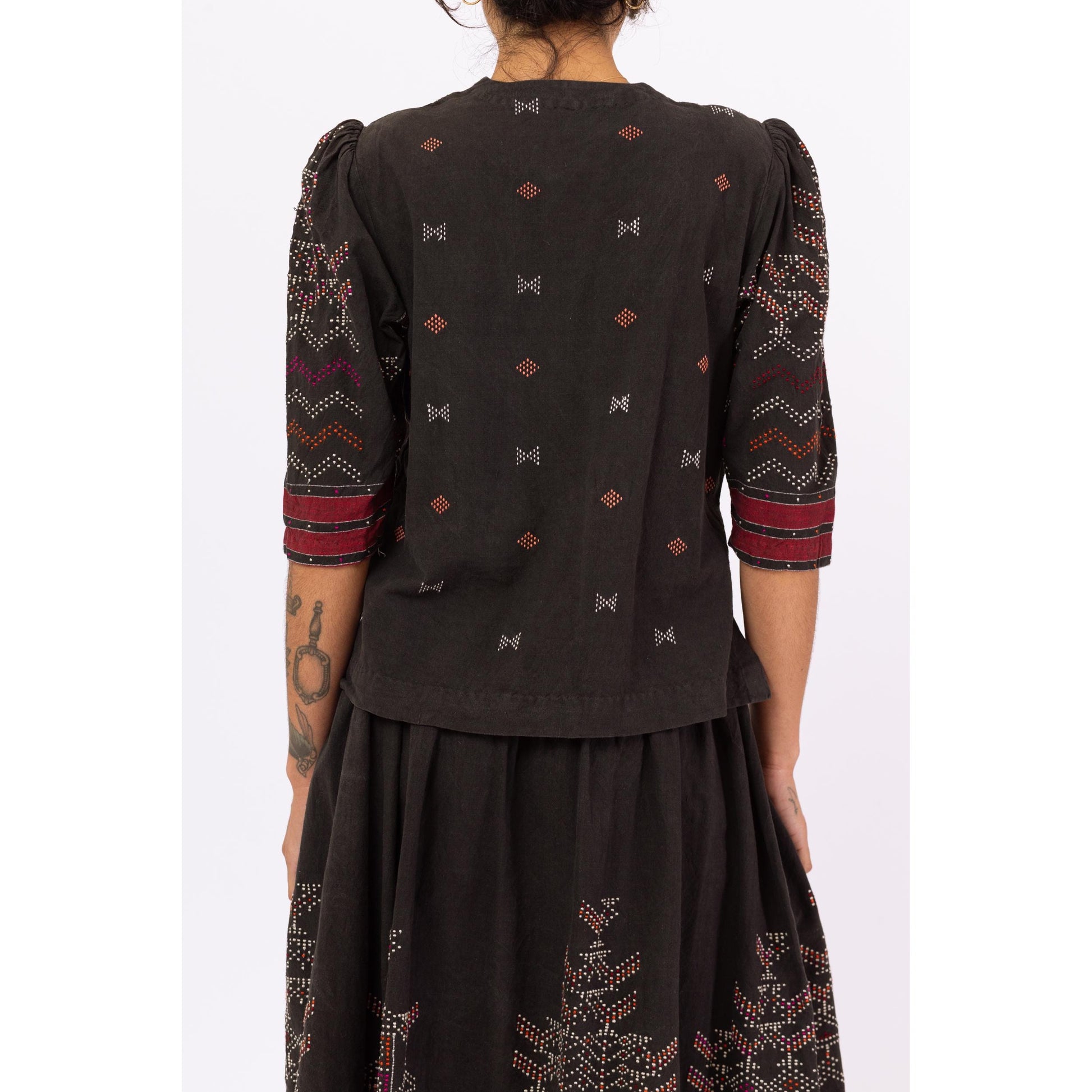 Vintage Black & Red Embroidered Folk Skirt Set - Small | Boho Eastern European Cotton Puff Sleeve Peasant Top Midi Skirt