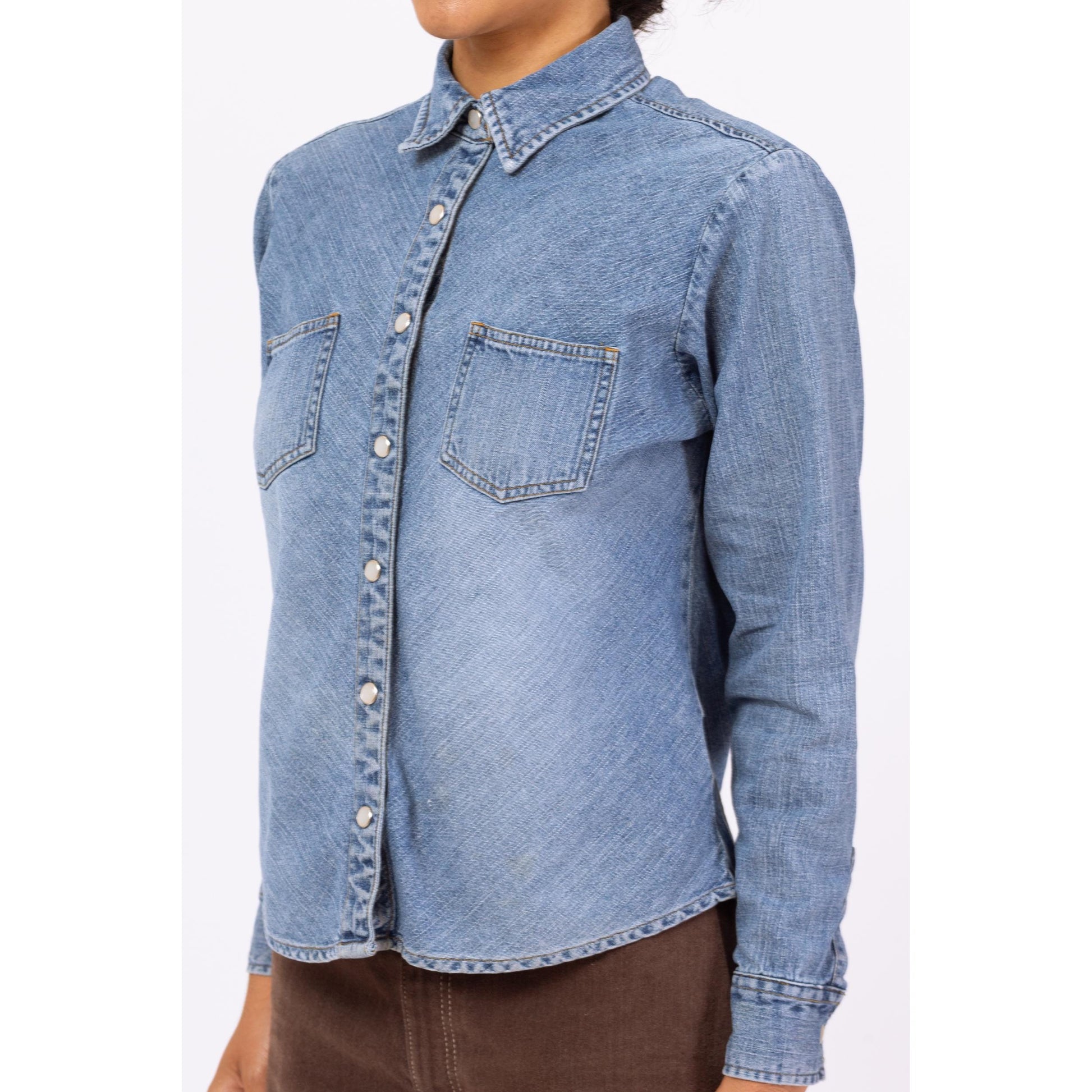 Vintage 90s Pearl Snap Chambray Shirt - Small to Medium | Faded Denim Western Top, Minimalist Long Sleeve Shirt