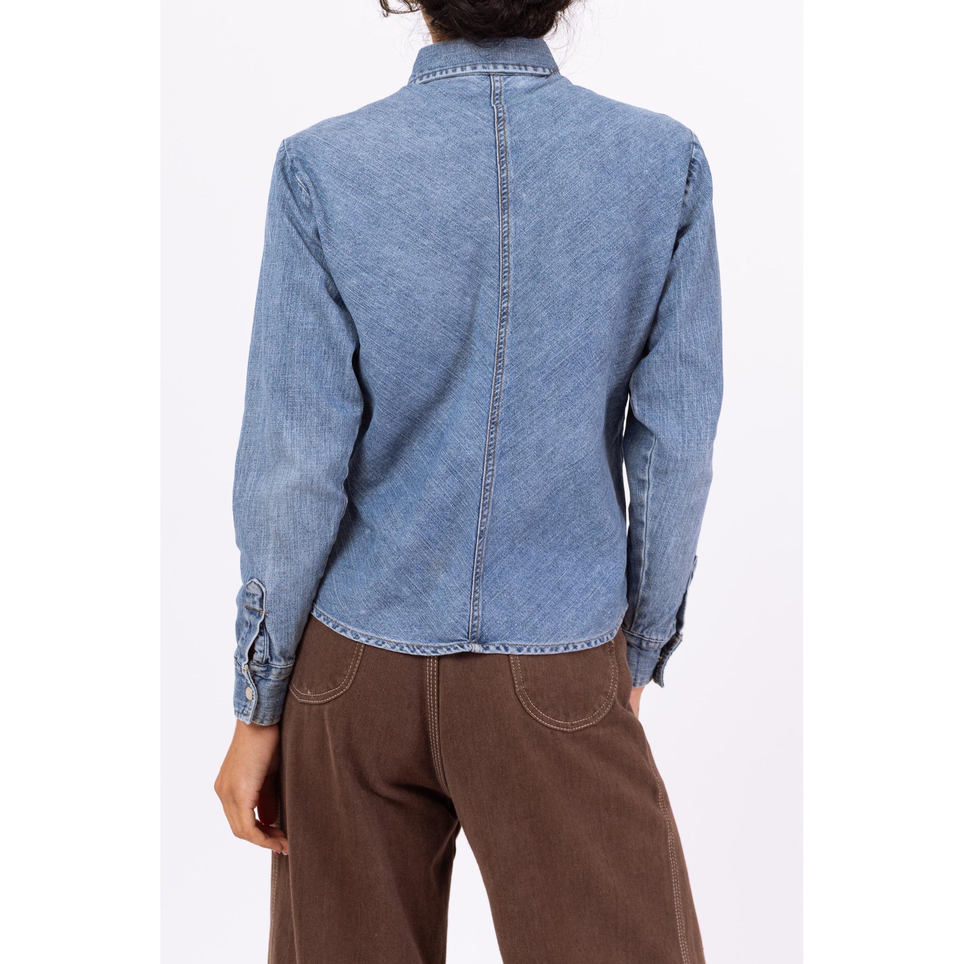 Vintage 90s Pearl Snap Chambray Shirt - Small to Medium | Faded Denim Western Top, Minimalist Long Sleeve Shirt