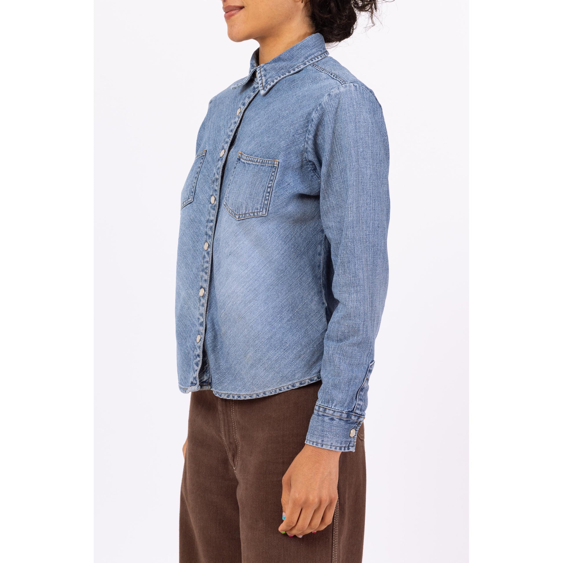 Vintage 90s Pearl Snap Chambray Shirt - Small to Medium | Faded Denim Western Top, Minimalist Long Sleeve Shirt