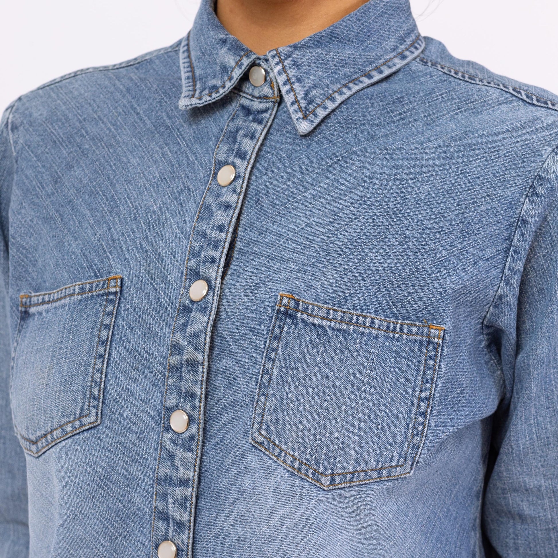 Vintage 90s Pearl Snap Chambray Shirt - Small to Medium | Faded Denim Western Top, Minimalist Long Sleeve Shirt