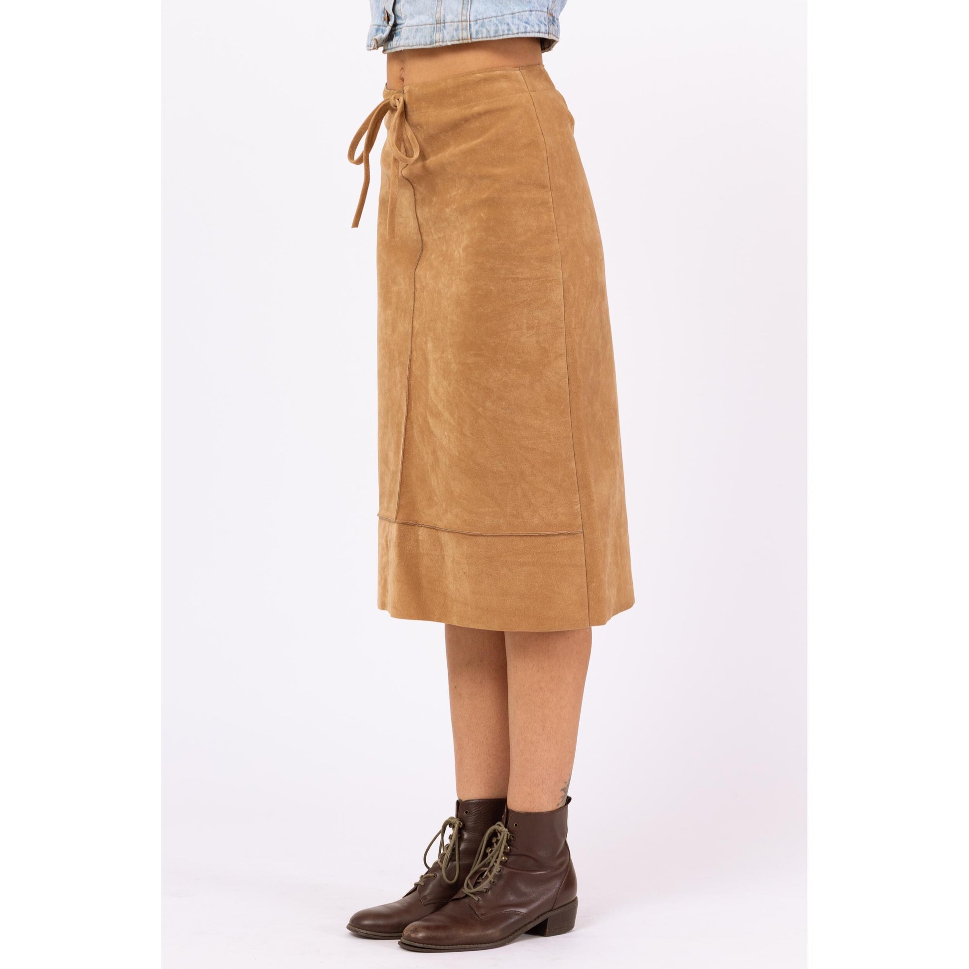 Vintage 90s Camel Faux Suede Midi Skirt - Small | A Line Drawstring Waist Minimalist Brown Skirt, Fall Neutral Skirt