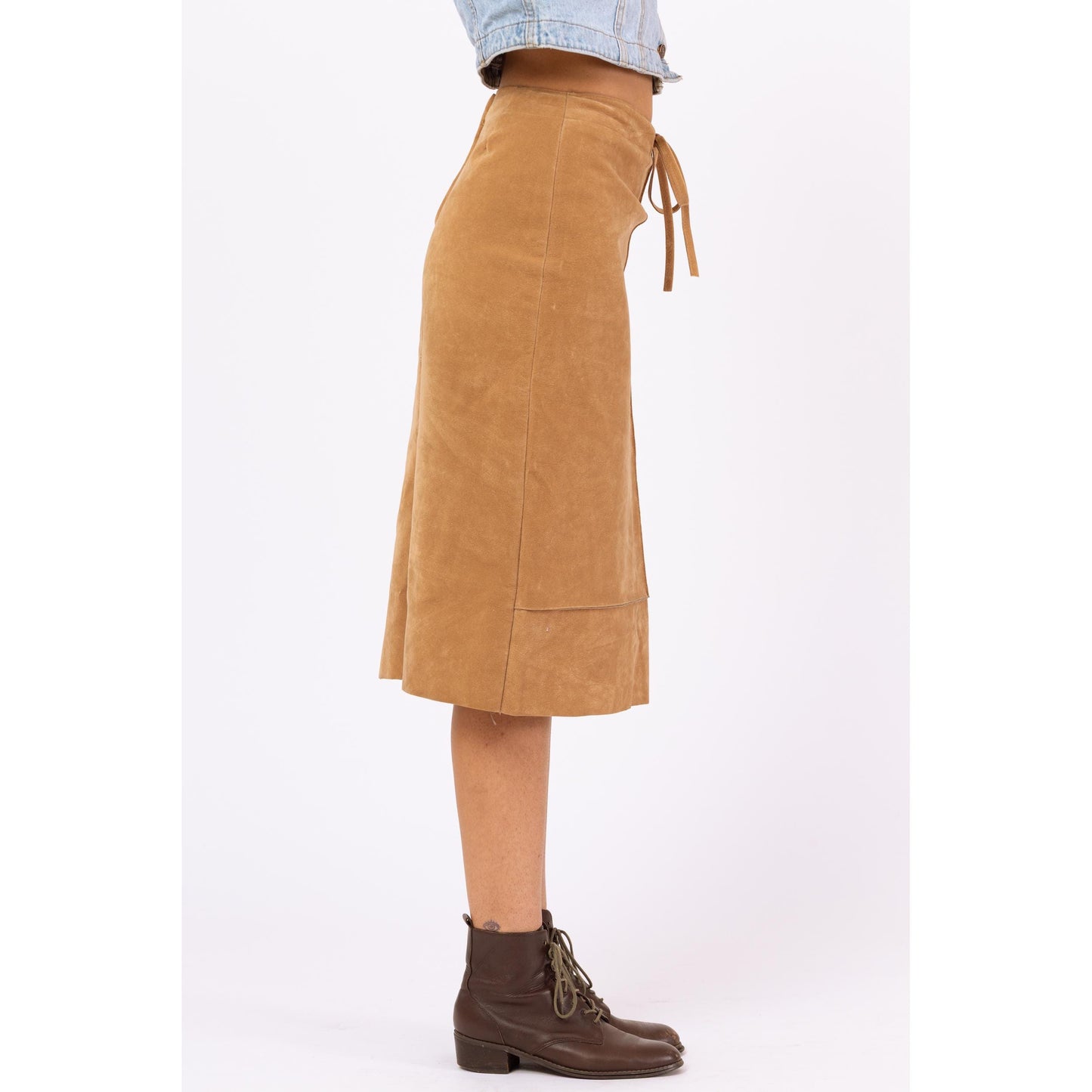 Vintage 90s Camel Faux Suede Midi Skirt - Small | A Line Drawstring Waist Minimalist Brown Skirt, Fall Neutral Skirt