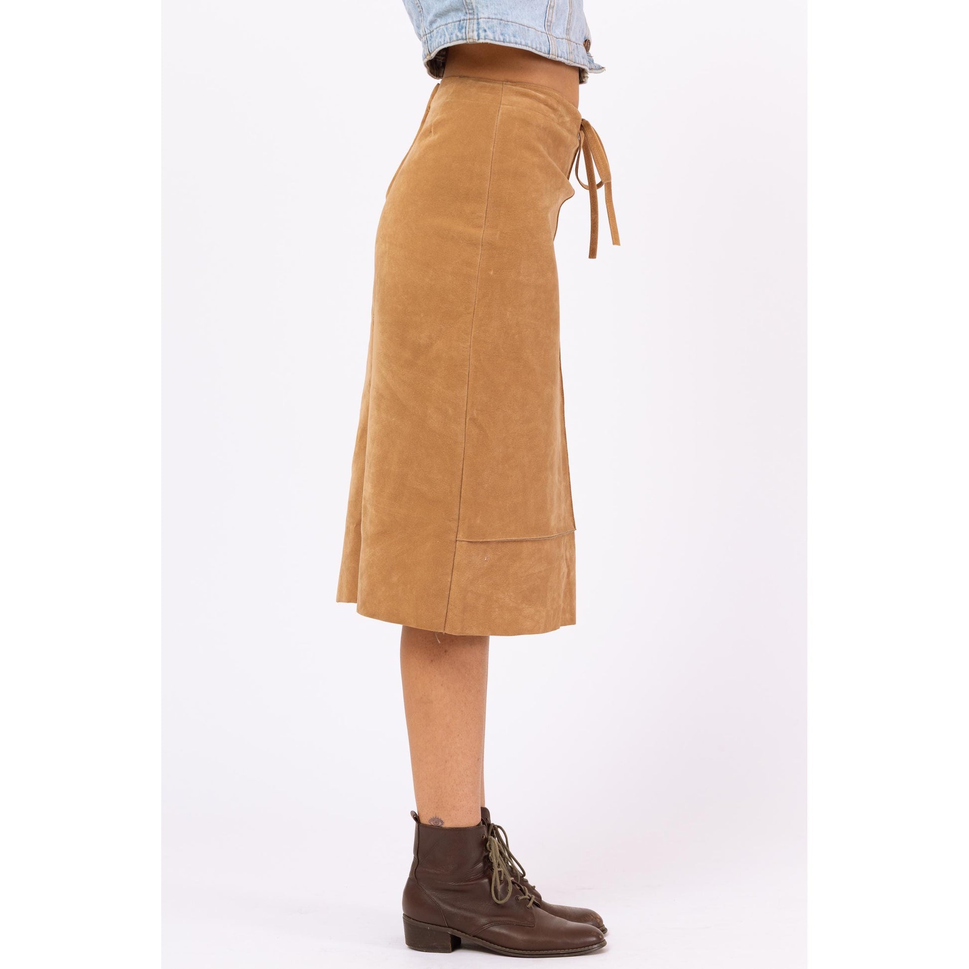 Vintage 90s Camel Faux Suede Midi Skirt - Small | A Line Drawstring Waist Minimalist Brown Skirt, Fall Neutral Skirt