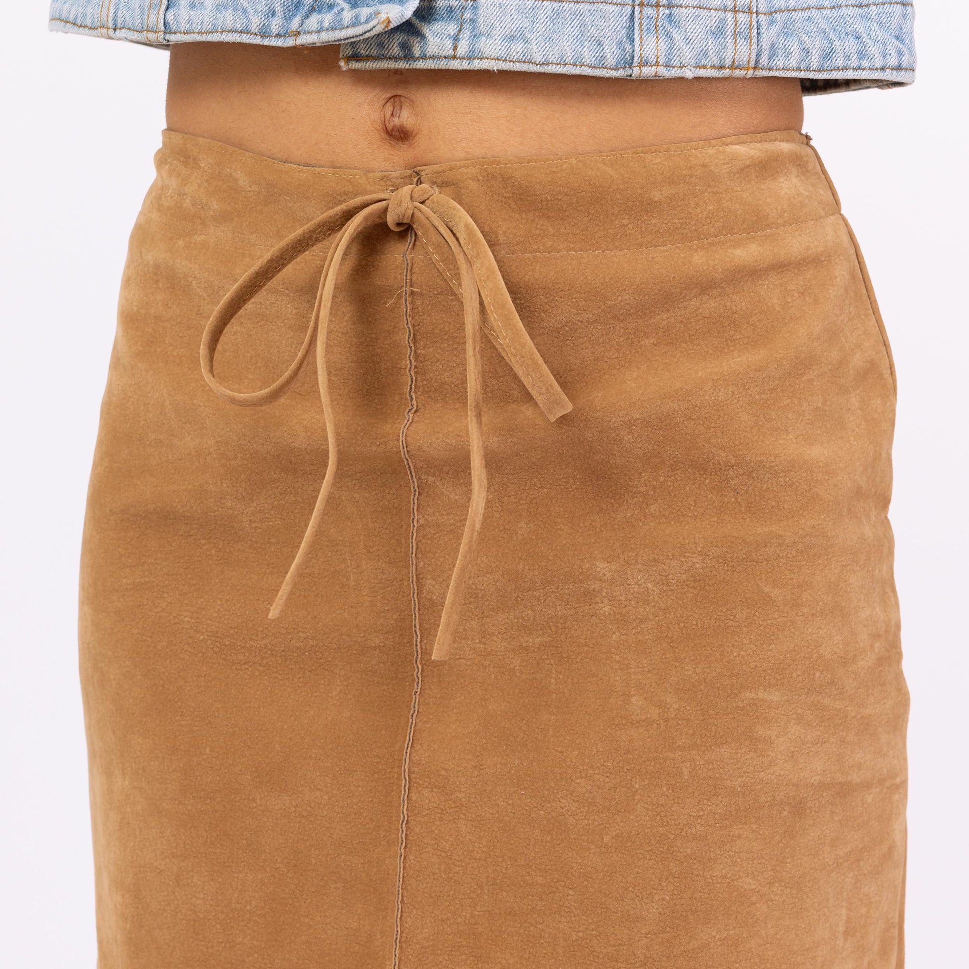 Vintage 90s Camel Faux Suede Midi Skirt - Small | A Line Drawstring Waist Minimalist Brown Skirt, Fall Neutral Skirt