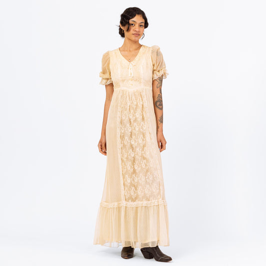 Vintage 70s Boho Ecru Lace Maxi Dress - Extra Small | Empire Waist Puff Sleeve Cottagecore Gown, Retro Wedding Dress