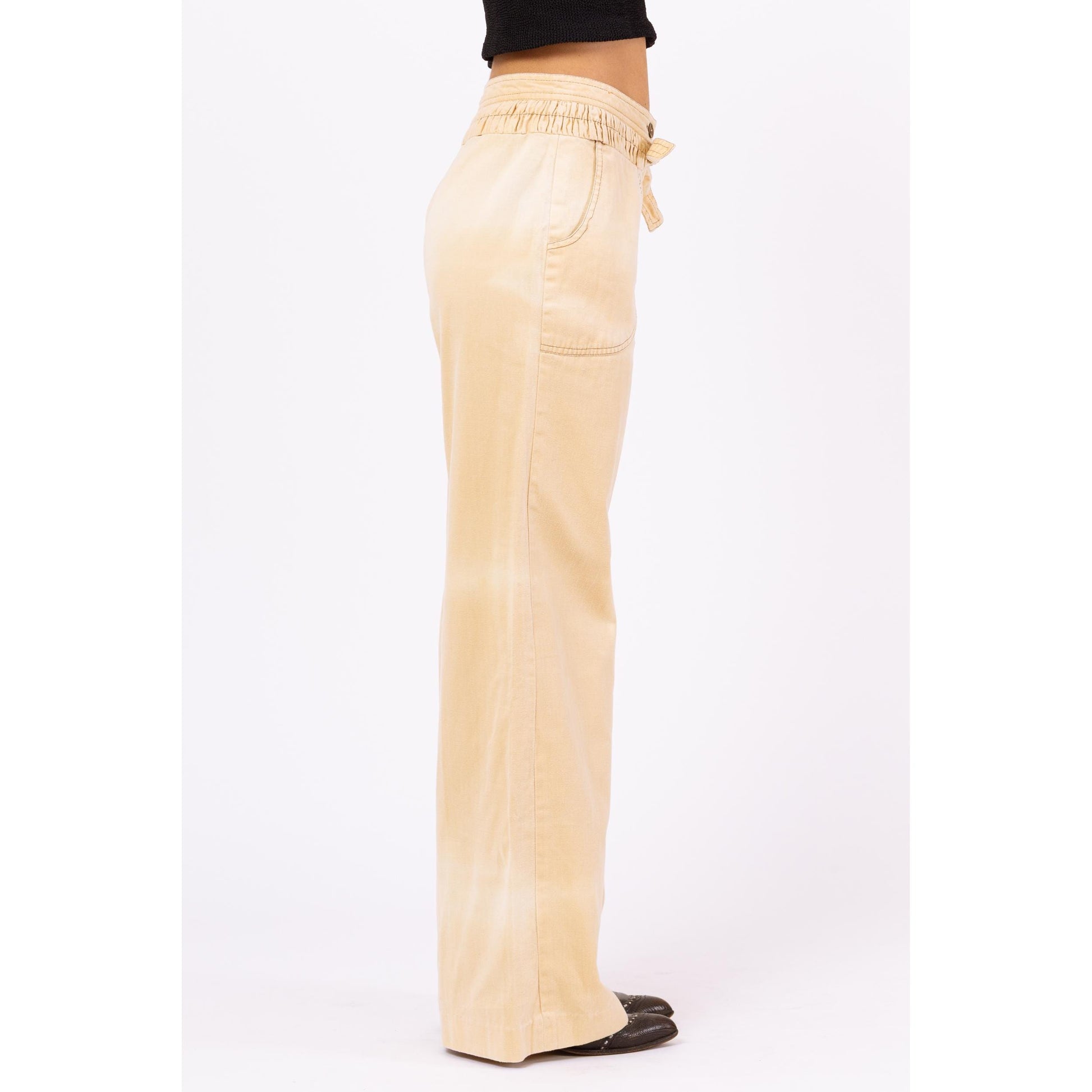 Vintage 70s Faded Tan Wide Leg Flared Pants - Small | Cotton Twill Tie Front Cinched Waist High Rise Trousers