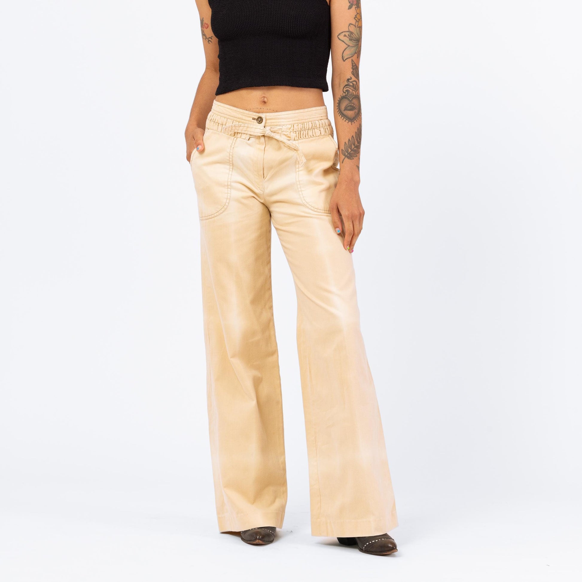 Vintage 70s Faded Tan Wide Leg Flared Pants - Small | Cotton Twill Tie Front Cinched Waist High Rise Trousers
