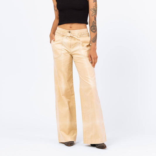 Vintage 70s Faded Tan Wide Leg Flared Pants - Small | Cotton Twill Tie Front Cinched Waist High Rise Trousers