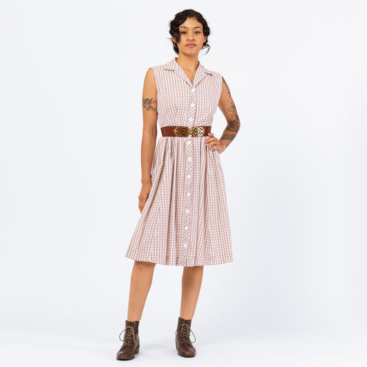Vintage 60s White & Brown Plaid Shirtdress With Pockets - Small | Sleeveless Fit Flare Day Dress, Button Front Cottagecore Summer Sundress