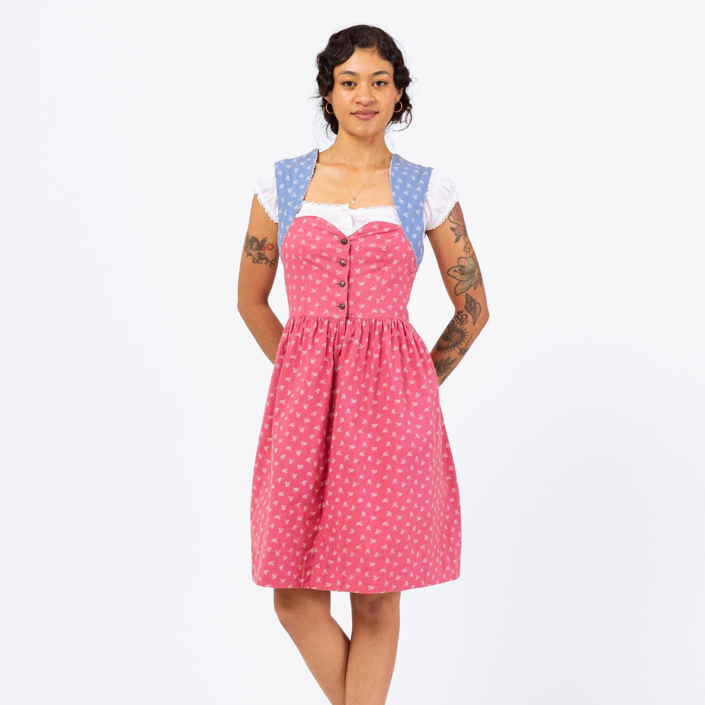 Vintage 70s Pink & Blue Floral Dirndl Dress - Small | Cottagecore Prairie Peasant Midi Dress, Boho Folk Outfit