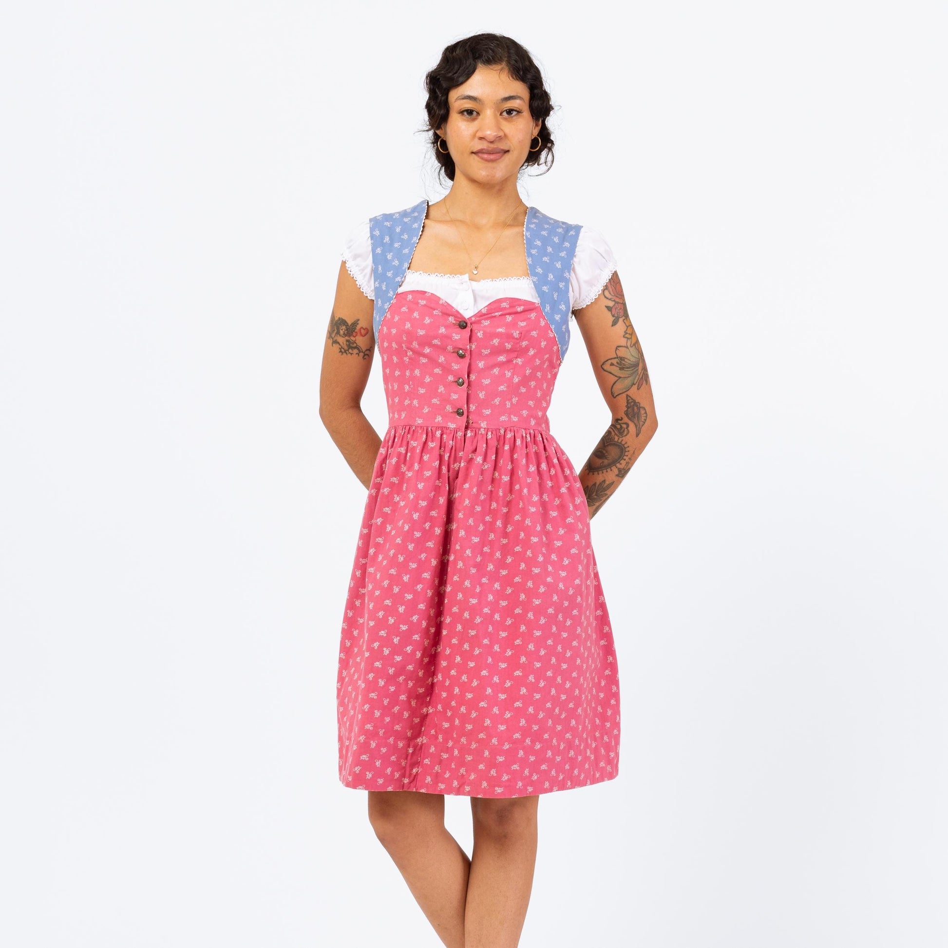 Vintage 70s Pink & Blue Floral Dirndl Dress - Small | Cottagecore Prairie Peasant Midi Dress, Boho Folk Outfit