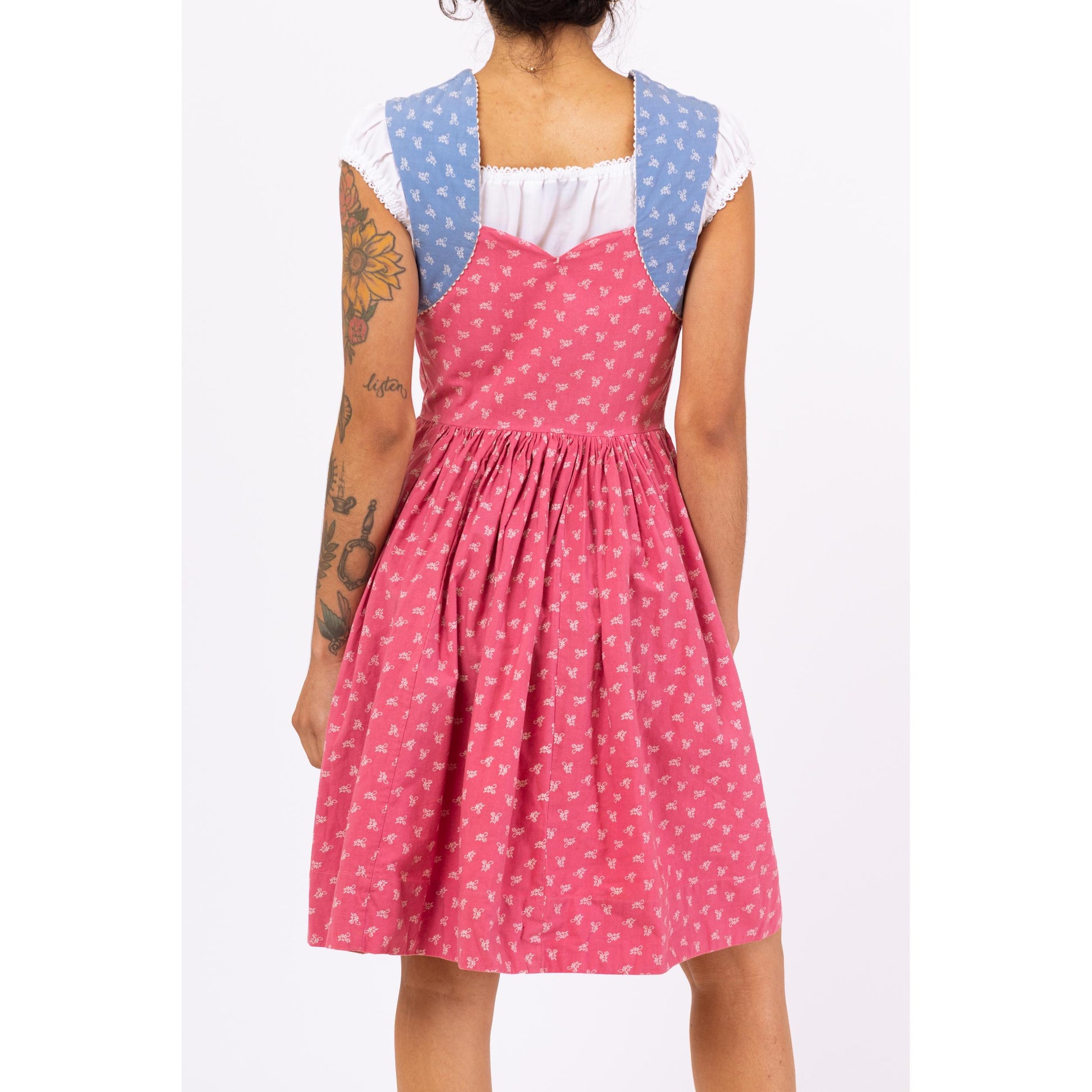 Vintage 70s Pink & Blue Floral Dirndl Dress - Small | Cottagecore Prairie Peasant Midi Dress, Boho Folk Outfit
