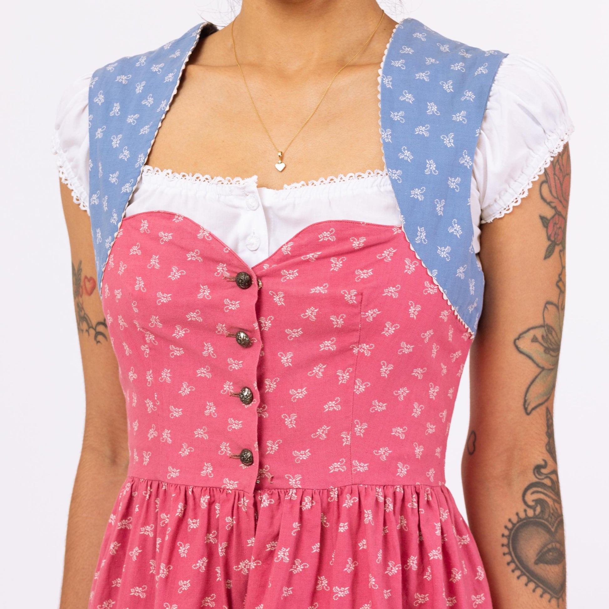vintage dirndl dress Vintage 70s Pink & Blue Floral Dirndl Dress
