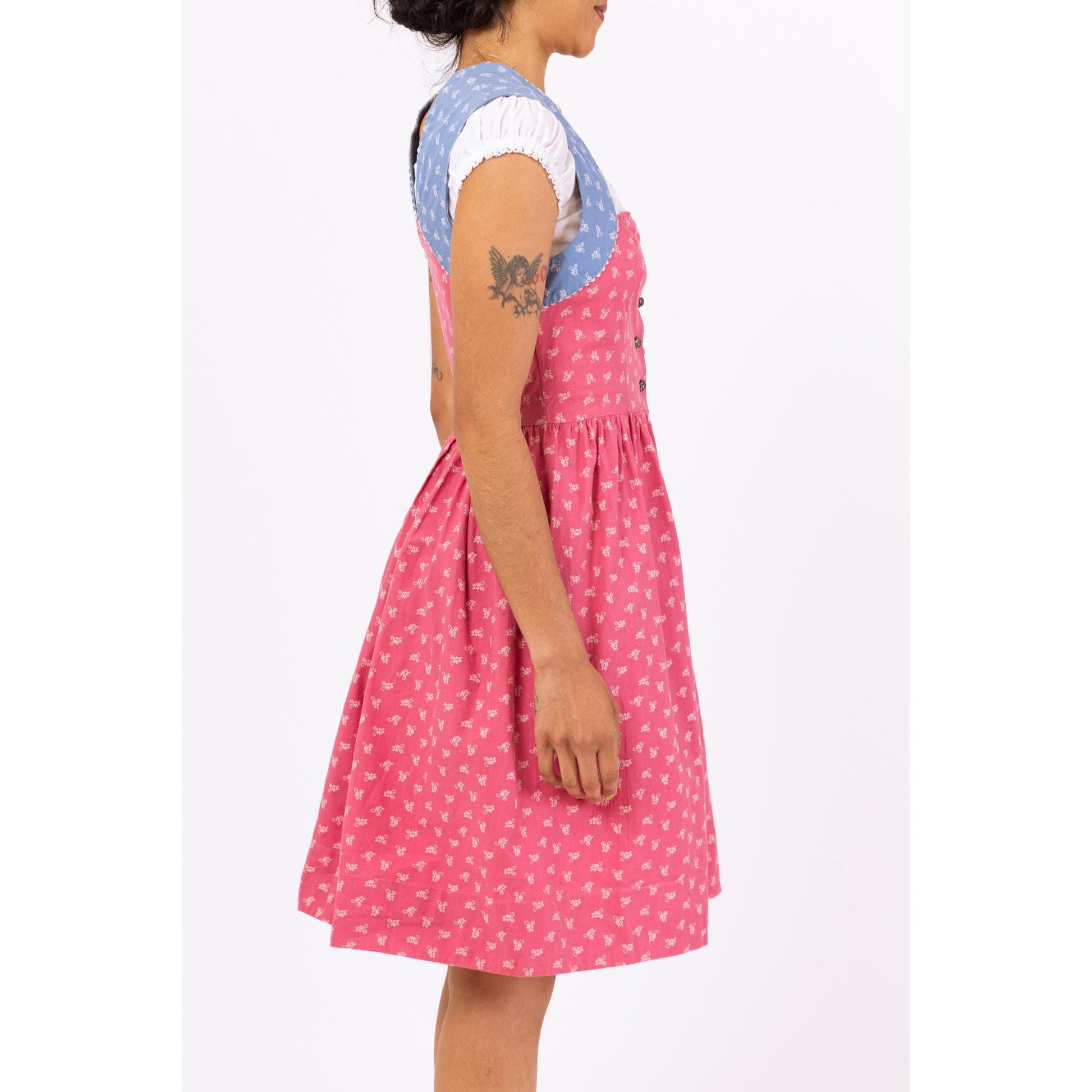 Vintage 70s Pink & Blue Floral Dirndl Dress - Small | Cottagecore Prairie Peasant Midi Dress, Boho Folk Outfit