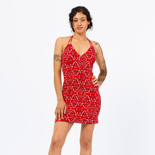 Vintage 90s Red Bandana Print Halter Mini Dress - Small | Western Y2K Festival Dress, Paisley Print Cotton Summer Sundress